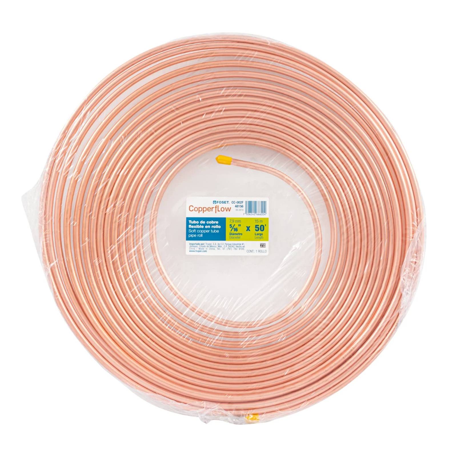 Tubo de cobre flexible, 5/16", rollo de  15 metros