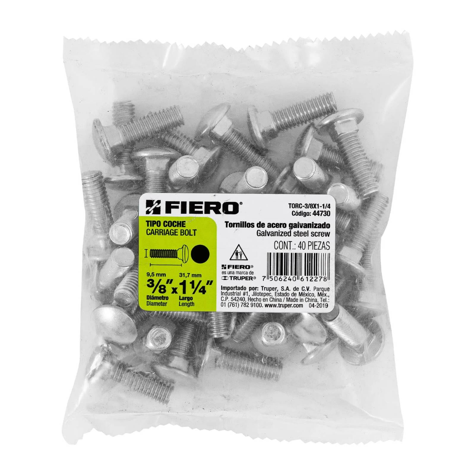 Tornillo tipo coche, galvanizado, 3/8 X 1-1/4", 40 piezas