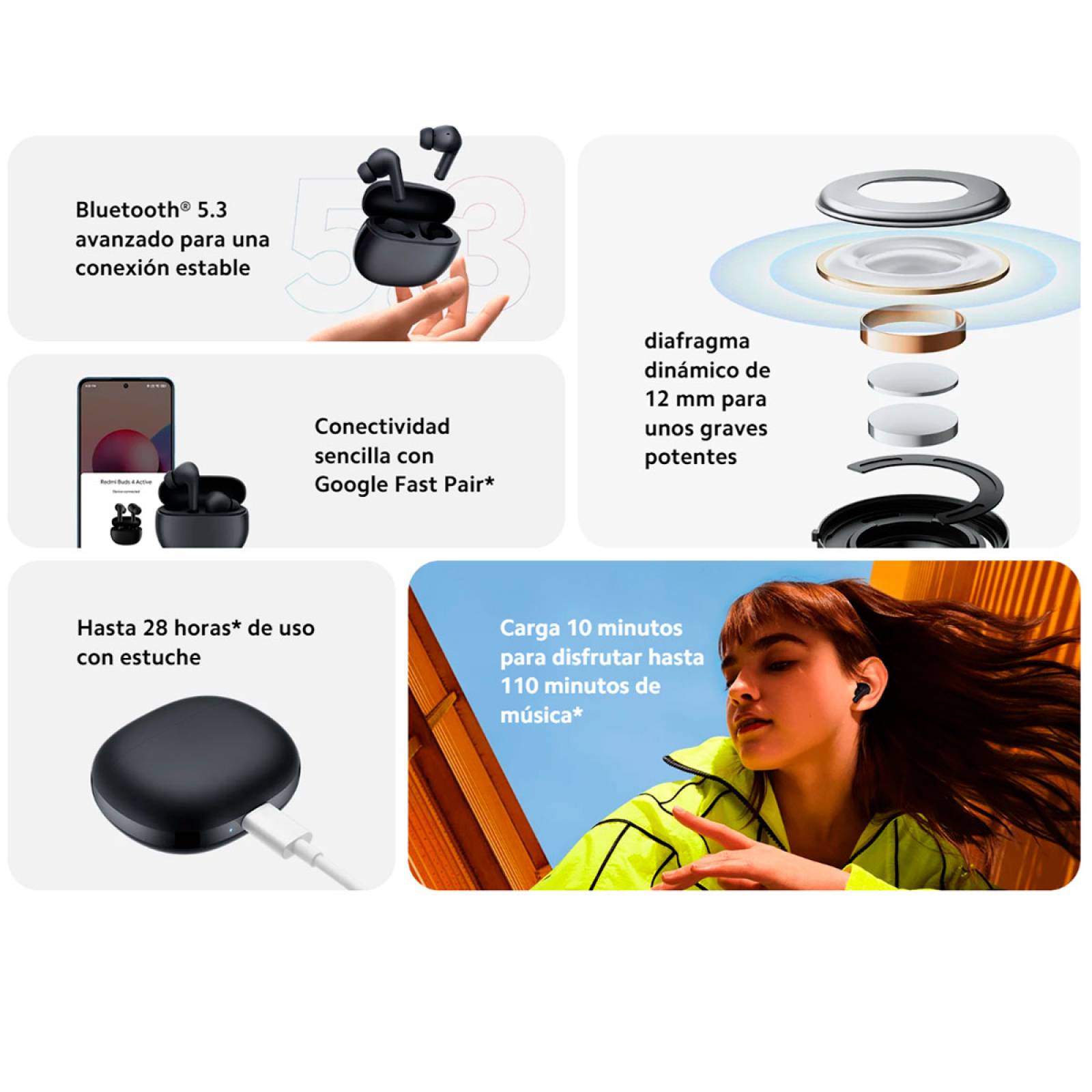 Audífonos Inalámbricos Xiaomi Redmi Buds 4 Active Negro.