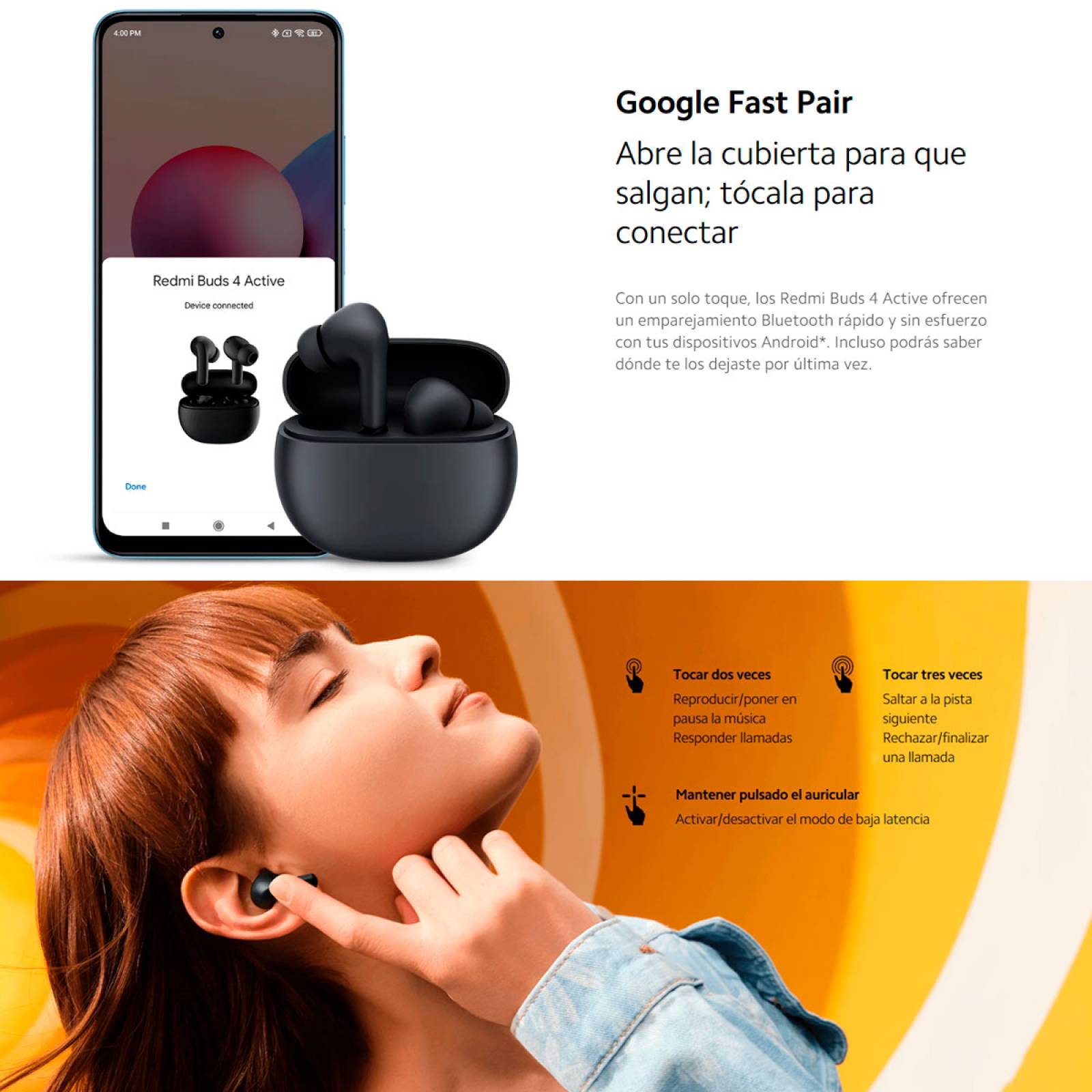 Audífonos Inalámbricos Xiaomi Redmi Buds 4 Active Negro.