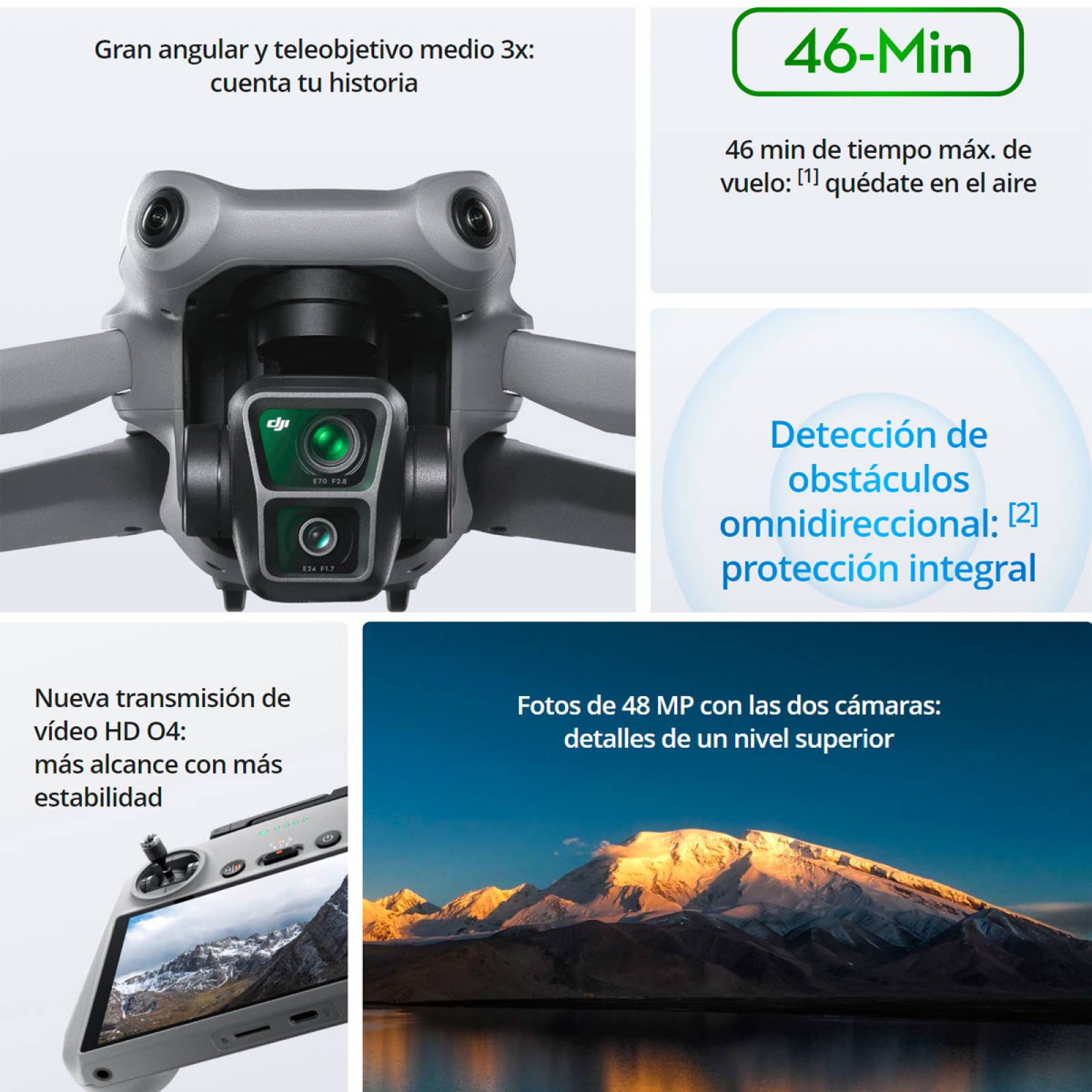 Drone Air 3 DJI fly Vuelo 46min Cámara 48mp 4k 100 Fps.