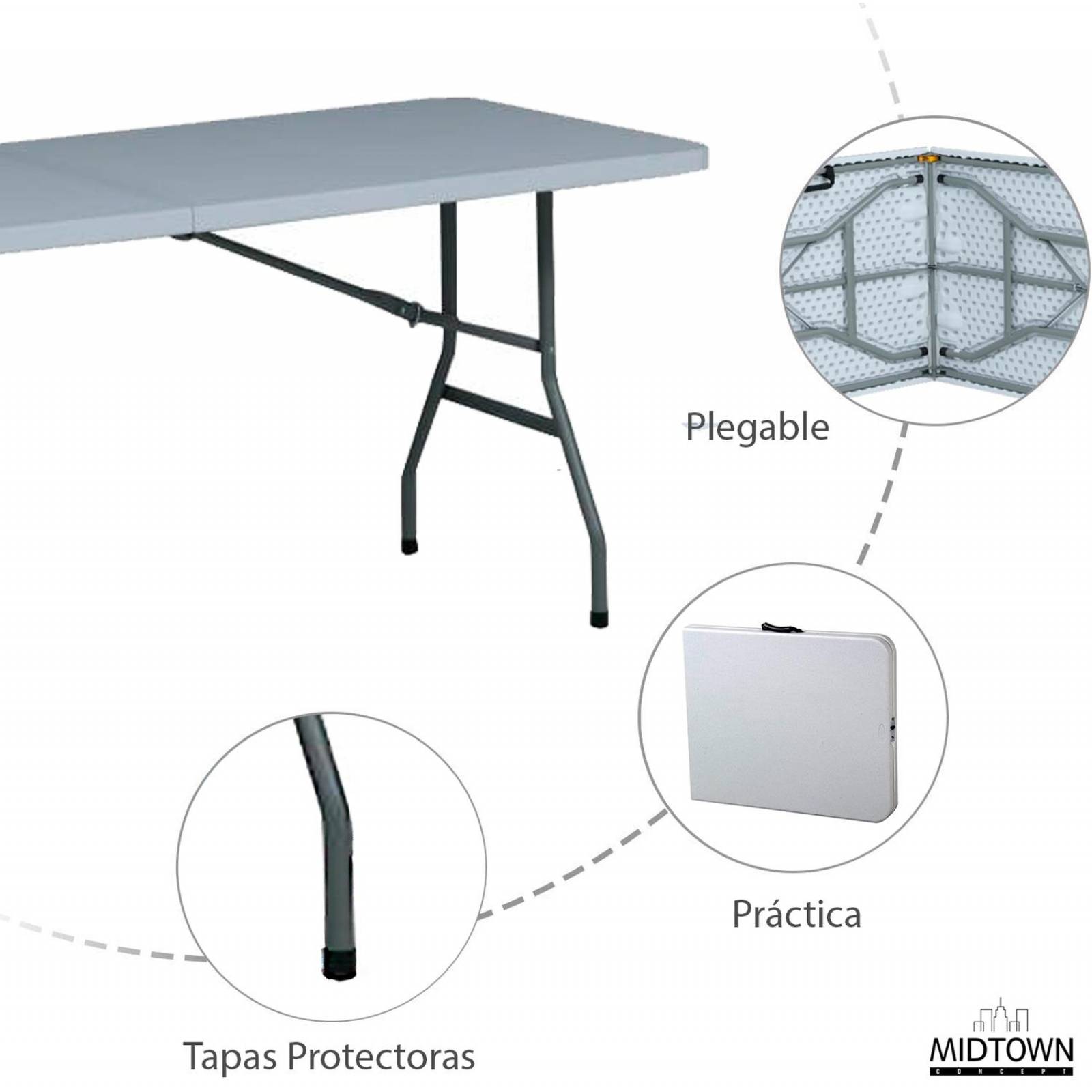 Mesa Plegable de Plastico Para Jardín Tipo Portfolio | Ideal Para Exteriores Blanco 1.80