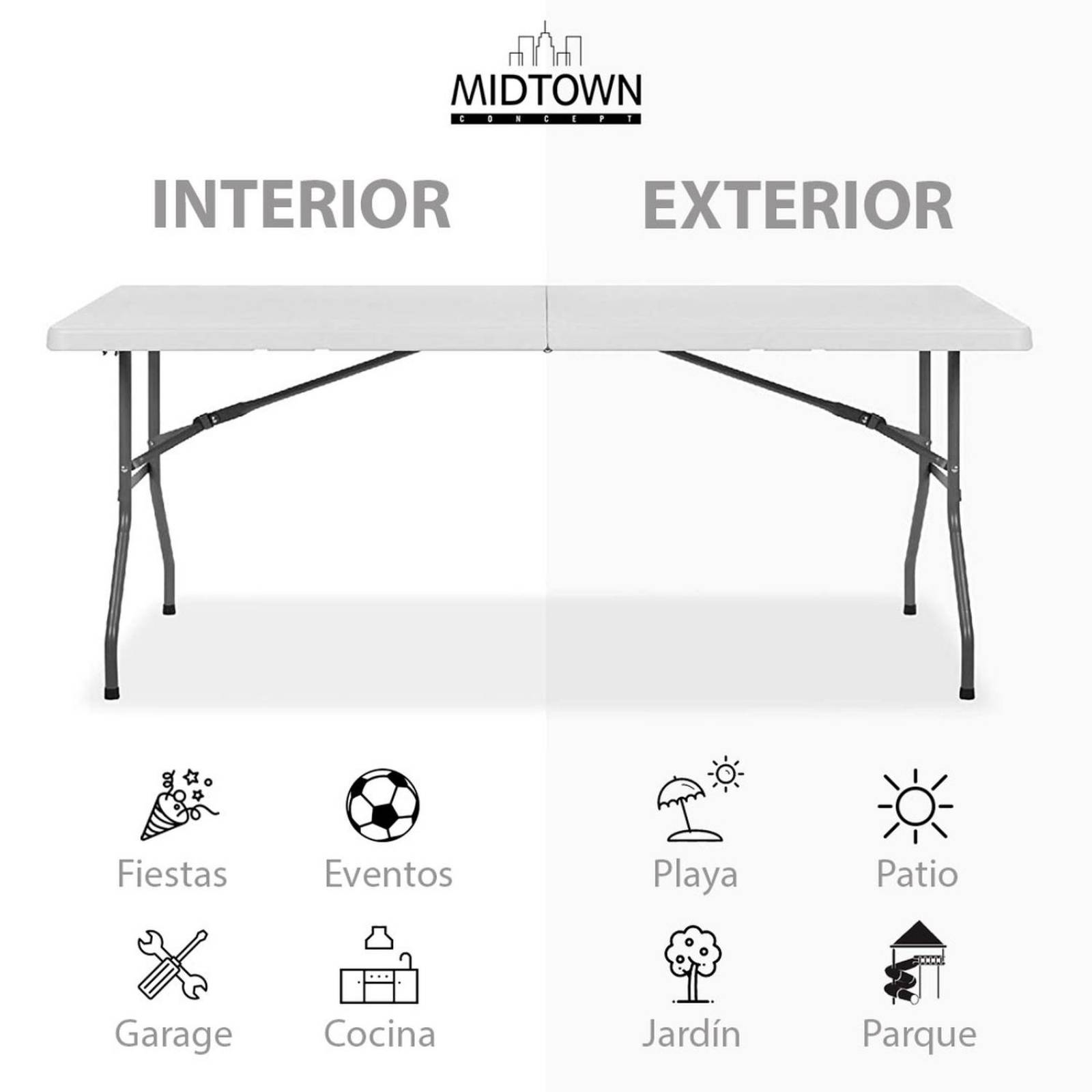 Mesa Plegable de Plastico Para Jardín Tipo Portfolio | Ideal Para Exteriores Blanco 1.80