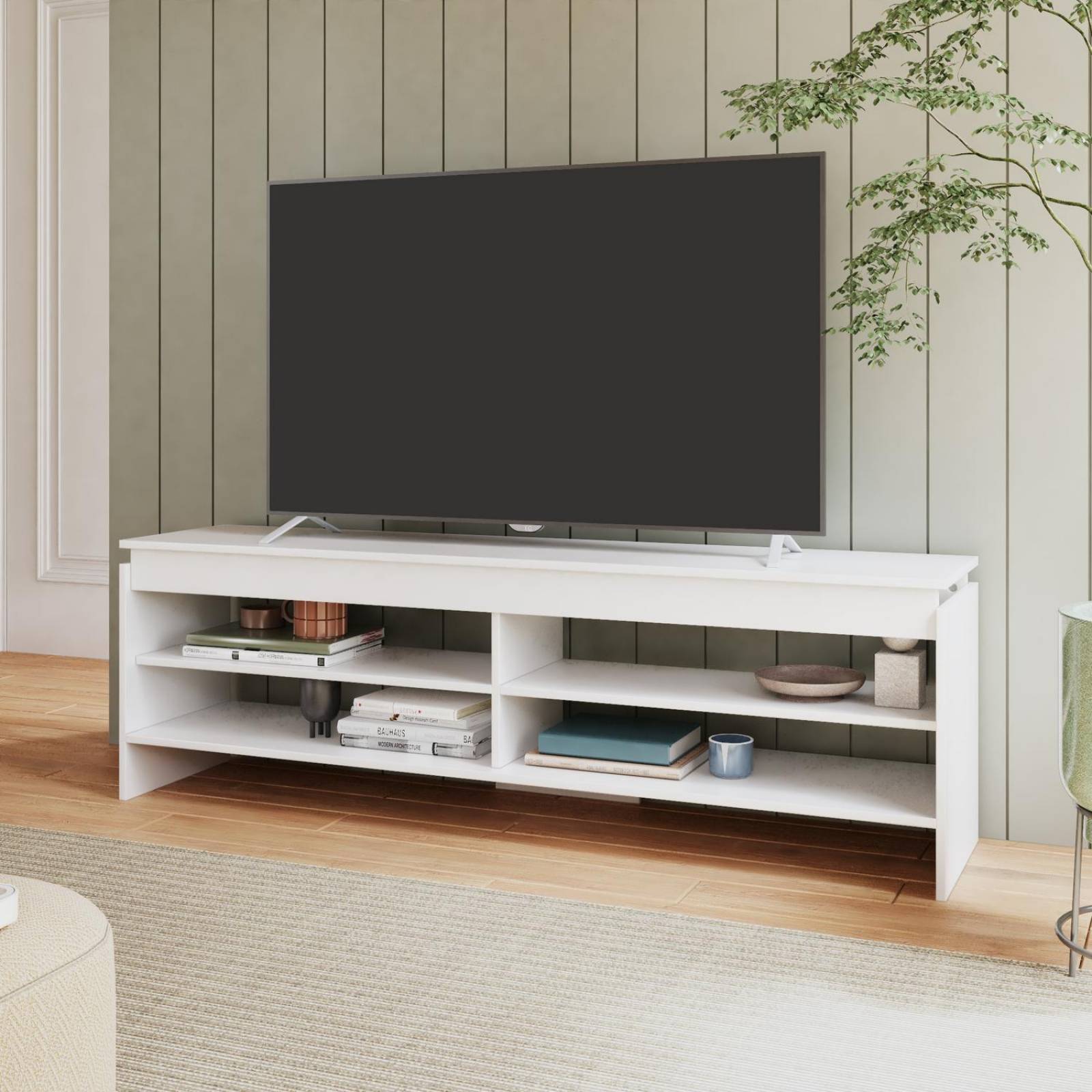 Mueble Mesa de TV con 4 Estantes, Estilo Moderno, de Madera Blanco