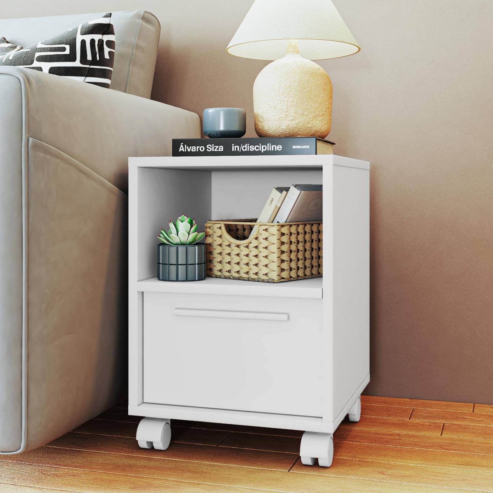 Mesita Auxiliar de Noche con Cajon y Ruedas, Diseño Moderno 