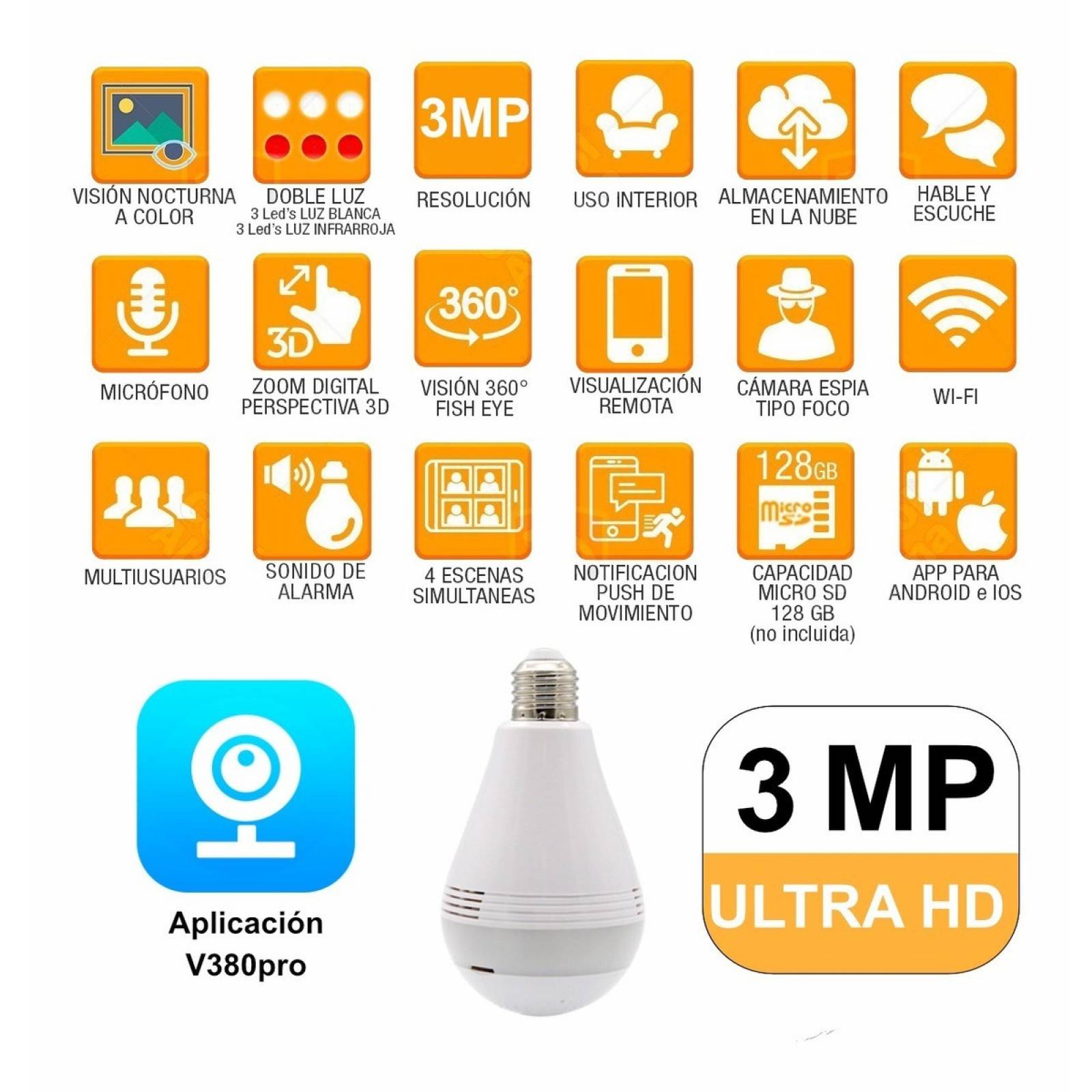 Cámara Foco Espia Wifi Ultra Hd Visión Nocturna De 3mp 360