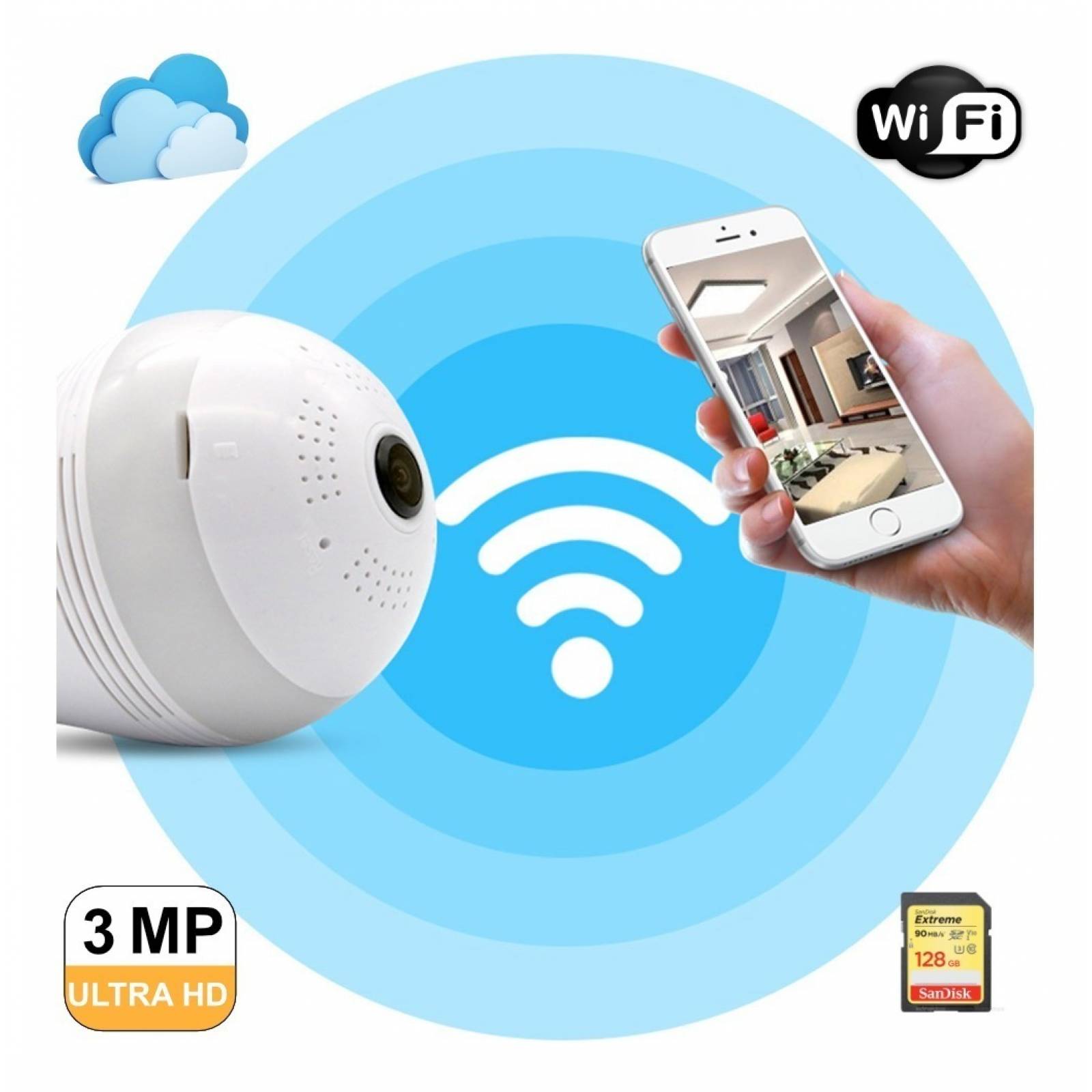 Cámara Foco Espia Wifi Ultra Hd Visión Nocturna De 3mp 360