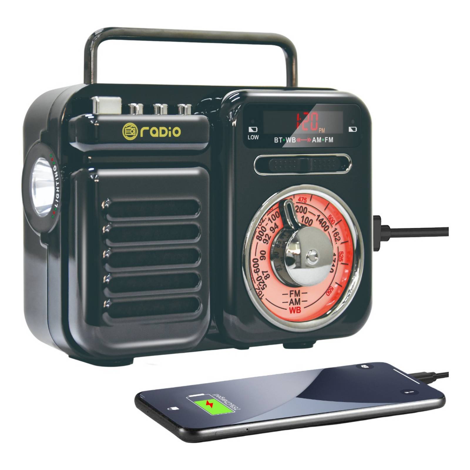 Radio Emergencia Bluetooth Vintage Dínamo Solar Con Linterna