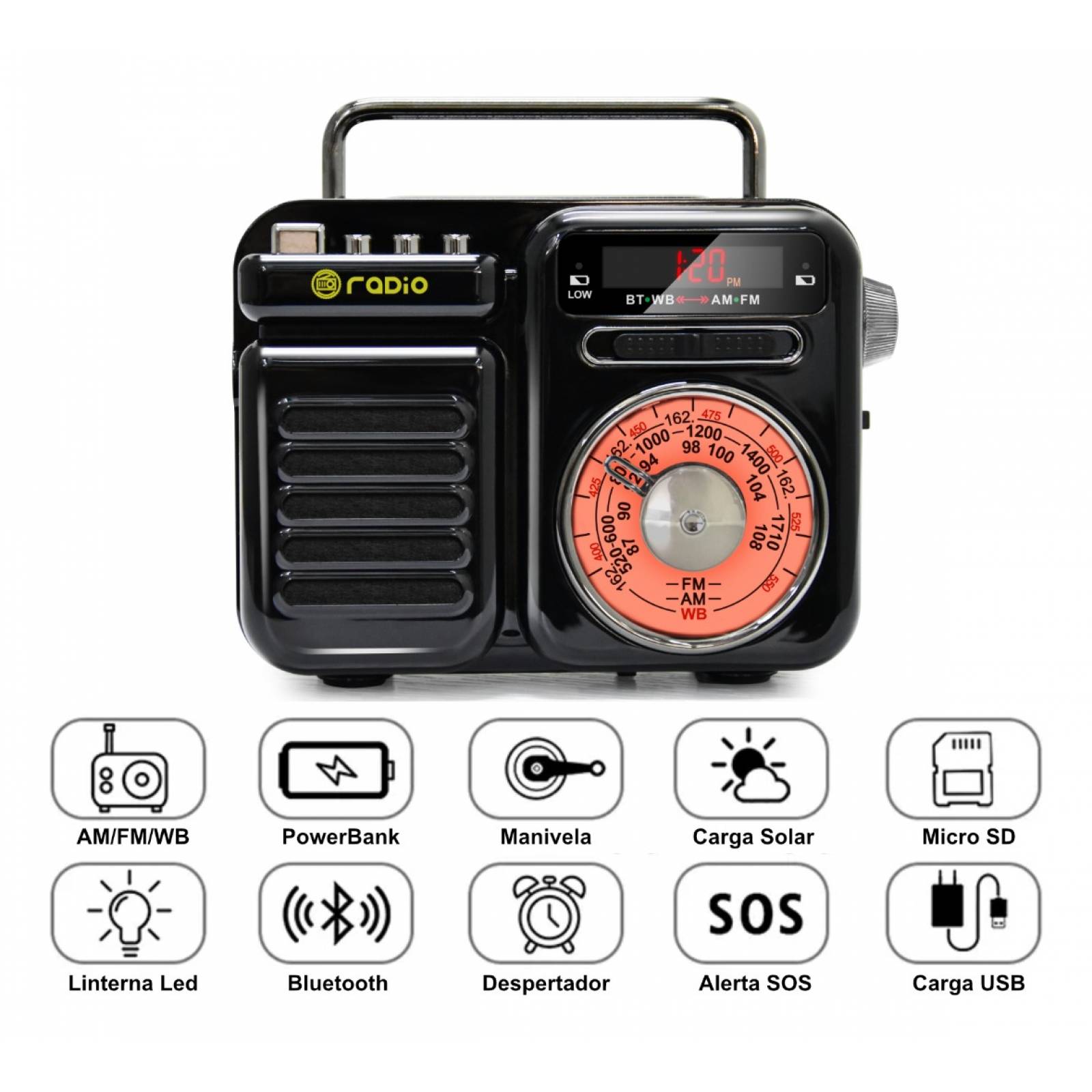 Radio Emergencia Bluetooth Vintage Dínamo Solar Con Linterna