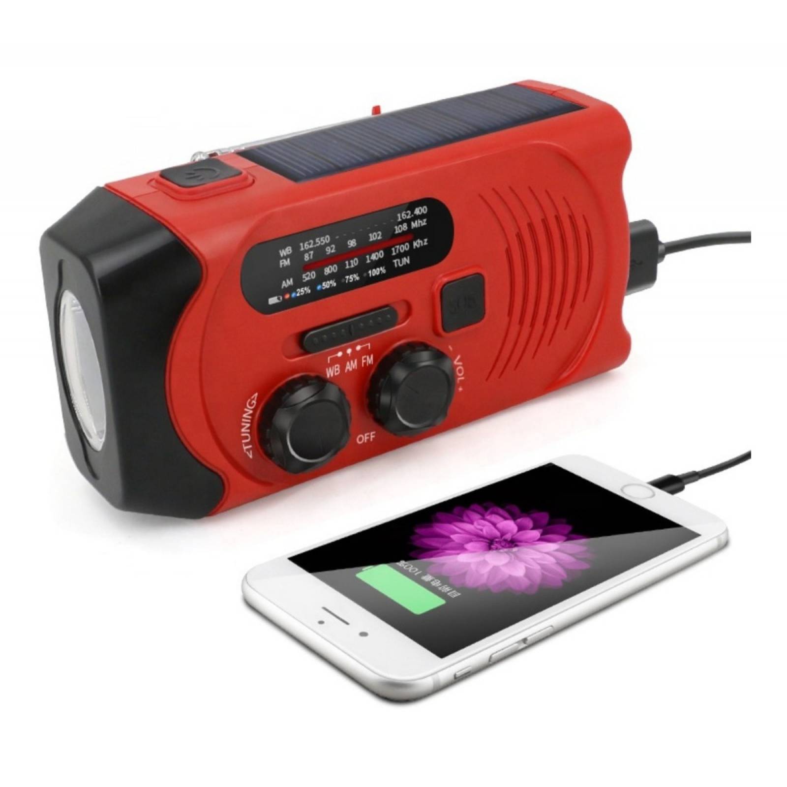 Radio Solar Emergencia Portatil Recargable Powerbank Luz Led Rojo