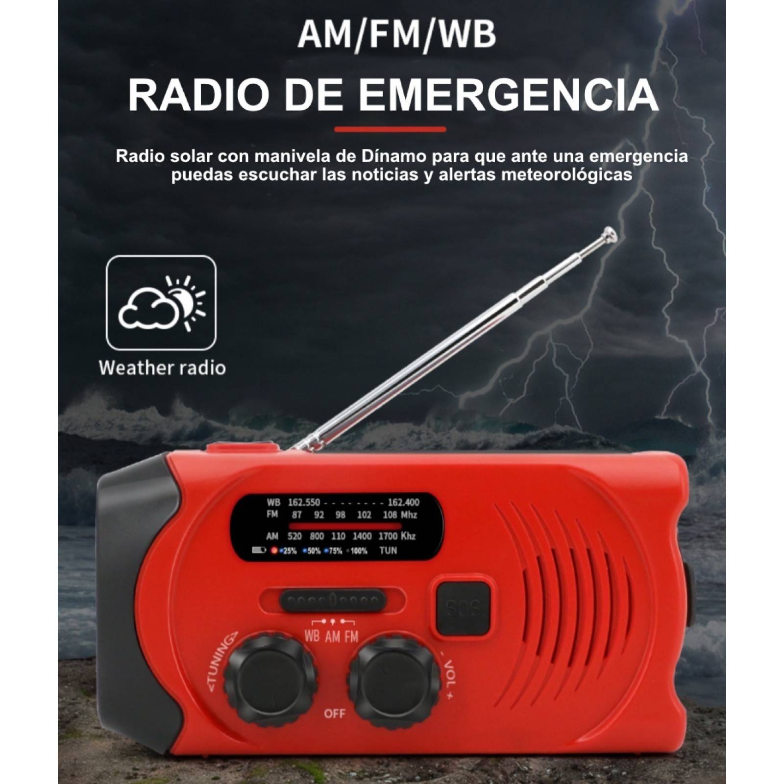 Radio Solar Emergencia Portatil Recargable Powerbank Luz Led Rojo