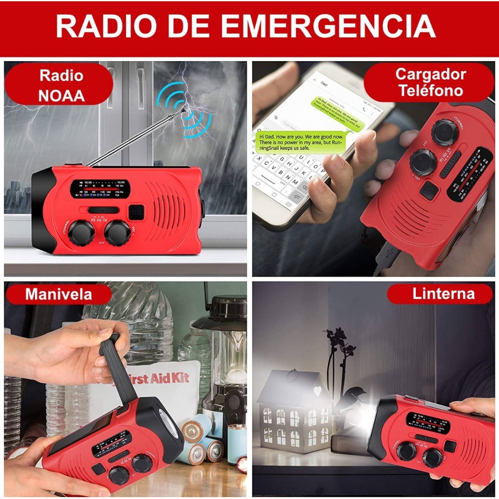Radio Solar Emergencia Portatil Recargable Powerbank Luz Led Rojo