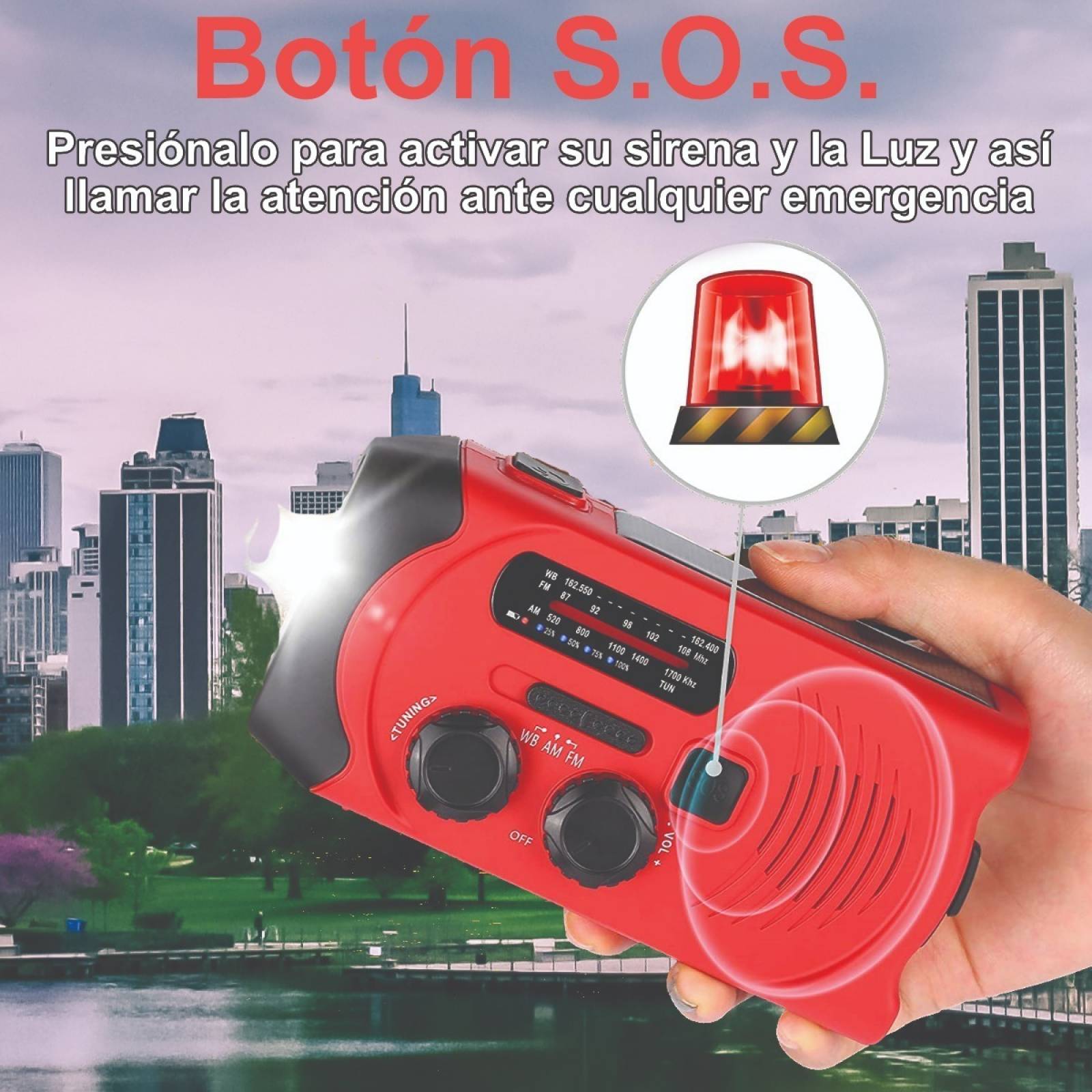 Radio Solar Emergencia Portatil Recargable Powerbank Luz Led Rojo