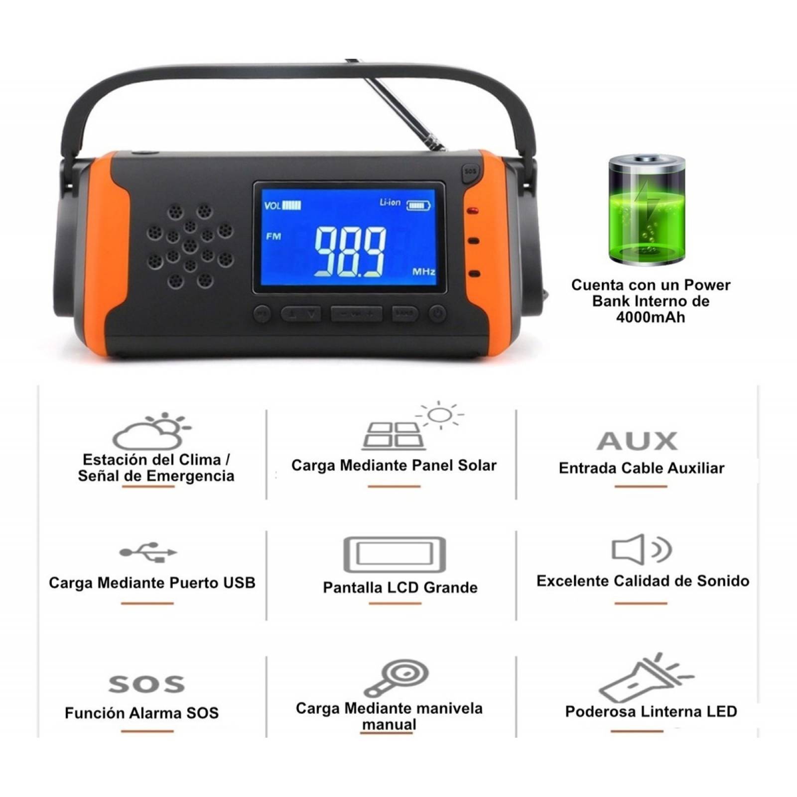 Radio Emergencia Supervivencia Con Lampara Power Bank Dinamo Naranja