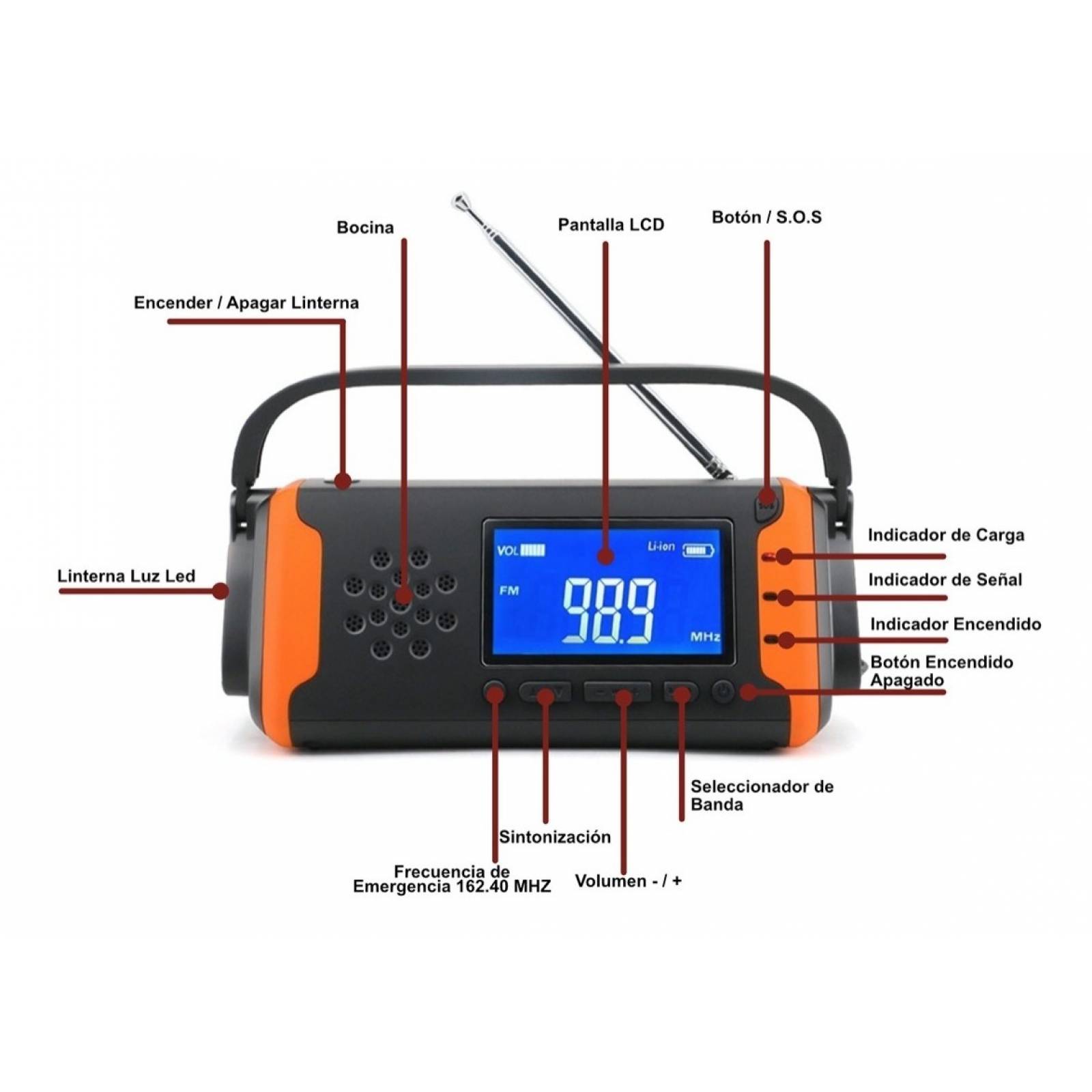 Radio Emergencia Supervivencia Con Lampara Power Bank Dinamo Naranja