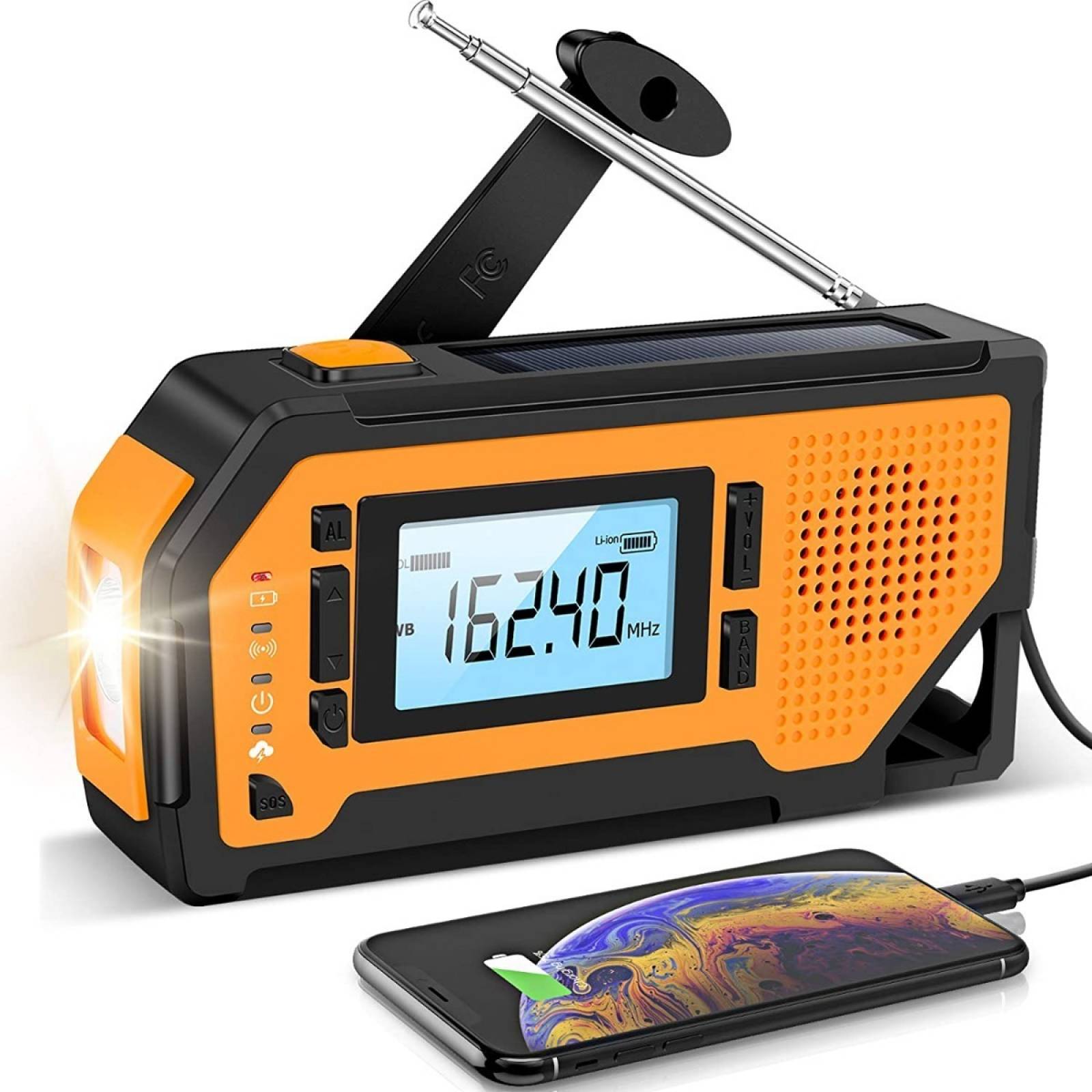 Radio De Emergencia Dinamo Solar Linterna Power Bank Sos Naranja V2