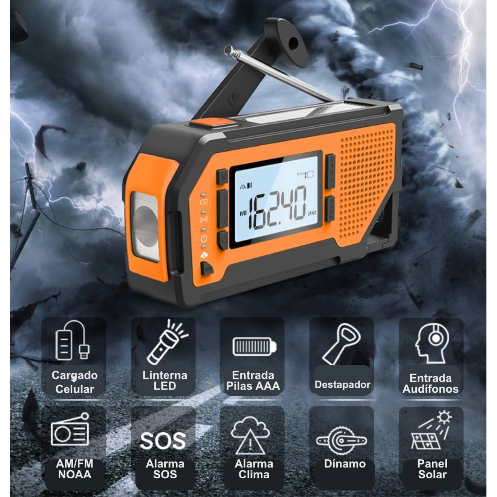 Radio De Emergencia Dinamo Solar Linterna Power Bank Sos Naranja V2