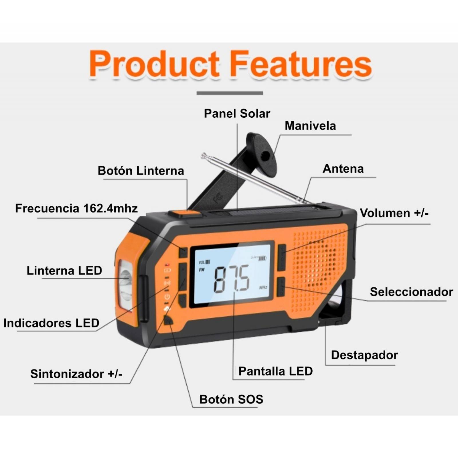 Radio De Emergencia Dinamo Solar Linterna Power Bank Sos Naranja V2