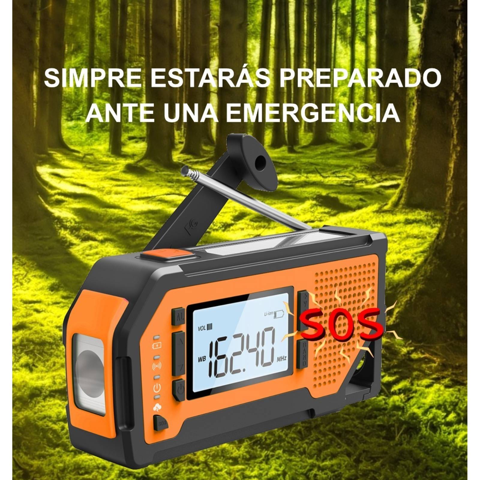 Radio De Emergencia Dinamo Solar Linterna Power Bank Sos Naranja V2