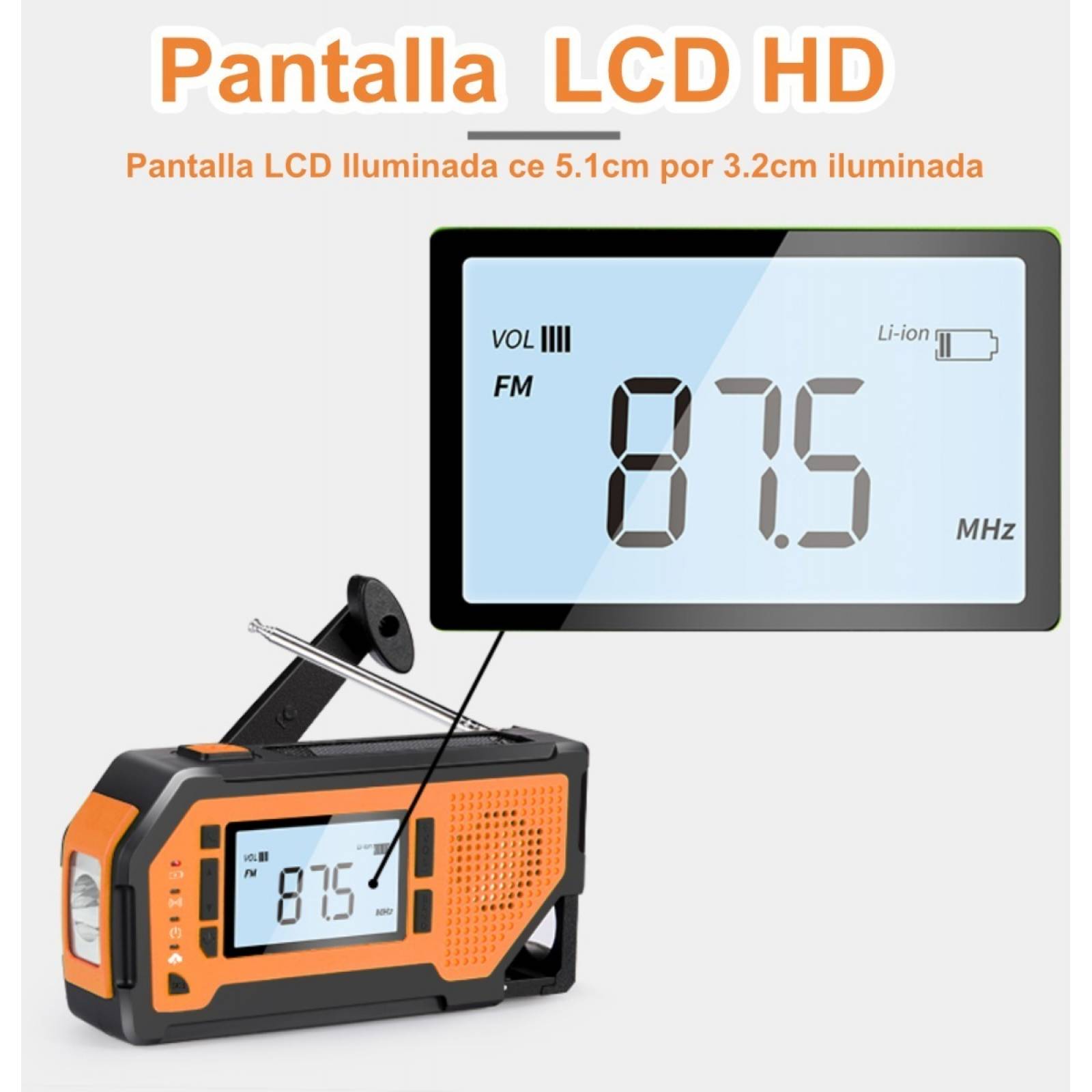 Radio De Emergencia Dinamo Solar Linterna Power Bank Sos Naranja V2