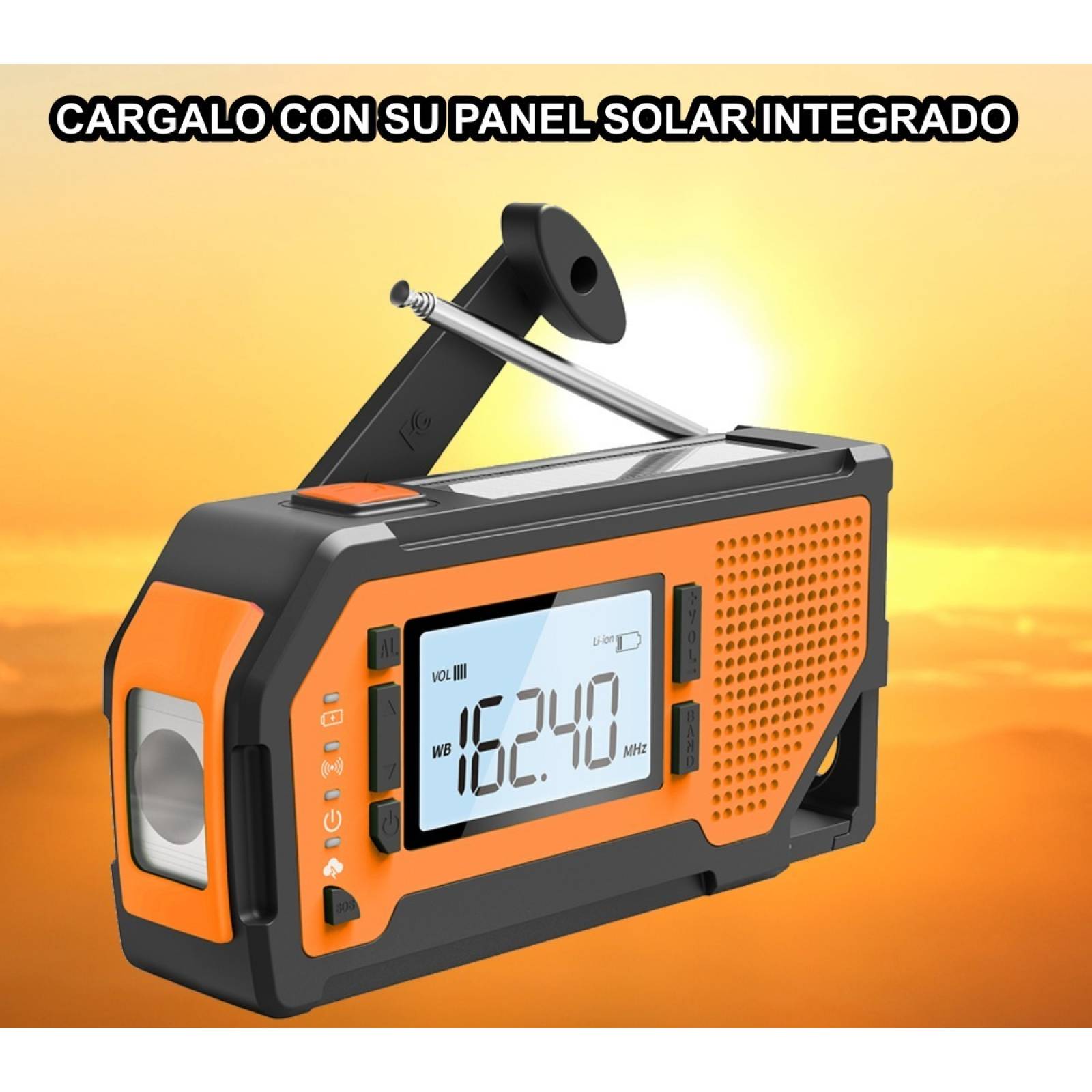 Radio De Emergencia Dinamo Solar Linterna Power Bank Sos Naranja V2