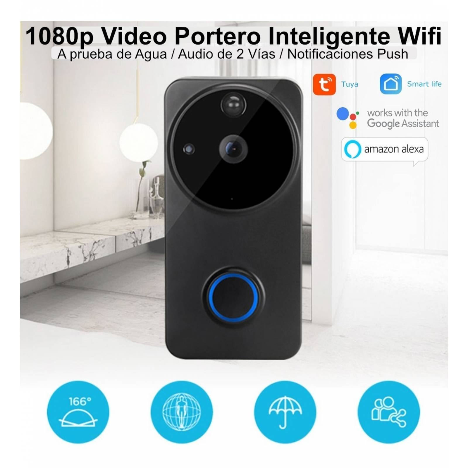 Video Portero Wifi 1080p Exterior Con Campana Alexa Google