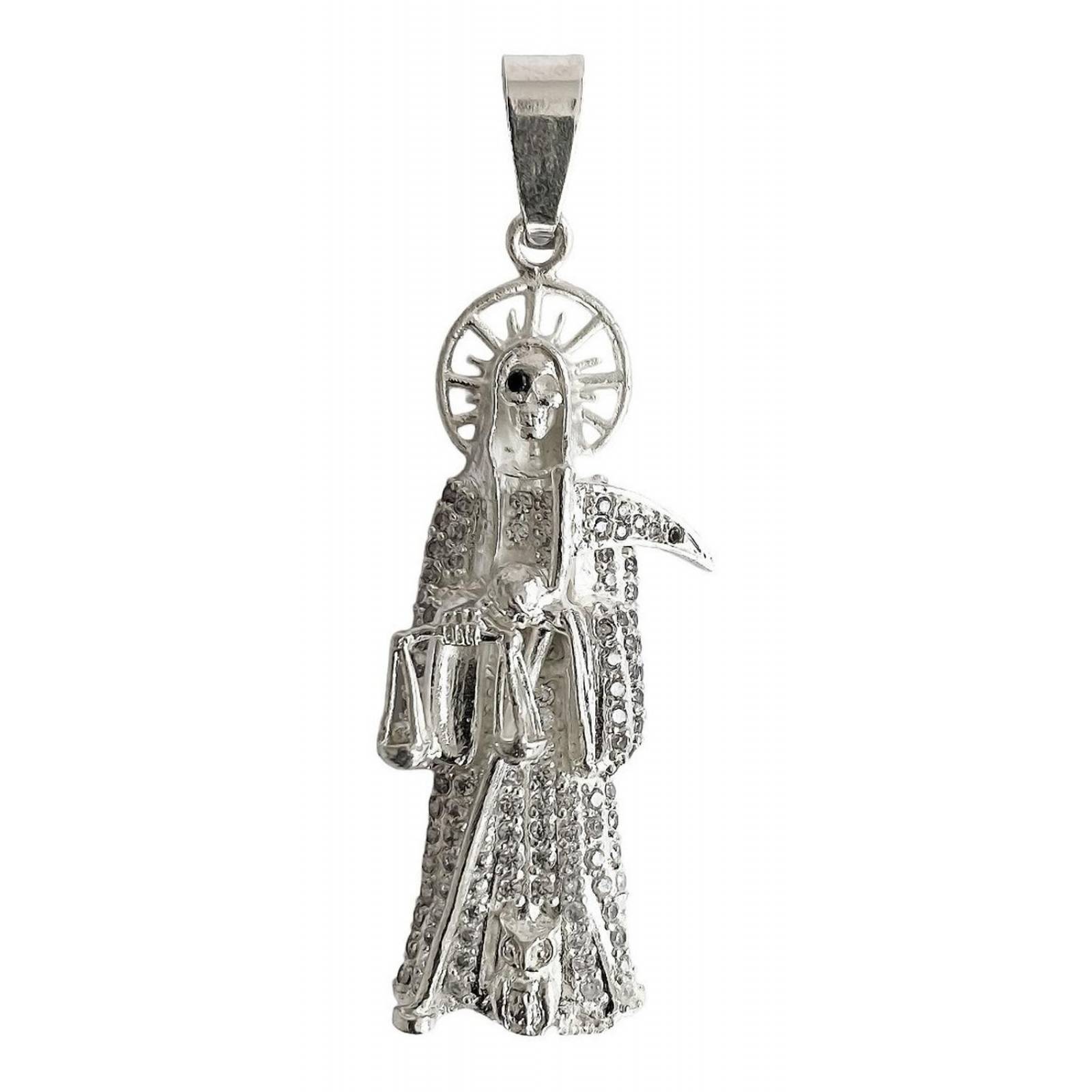 Medalla De La Santa Muerte Con Zirconias En Plata 925 Blanco ojo negro Alto/Ancho: 6.3 cm x 2.3 cm