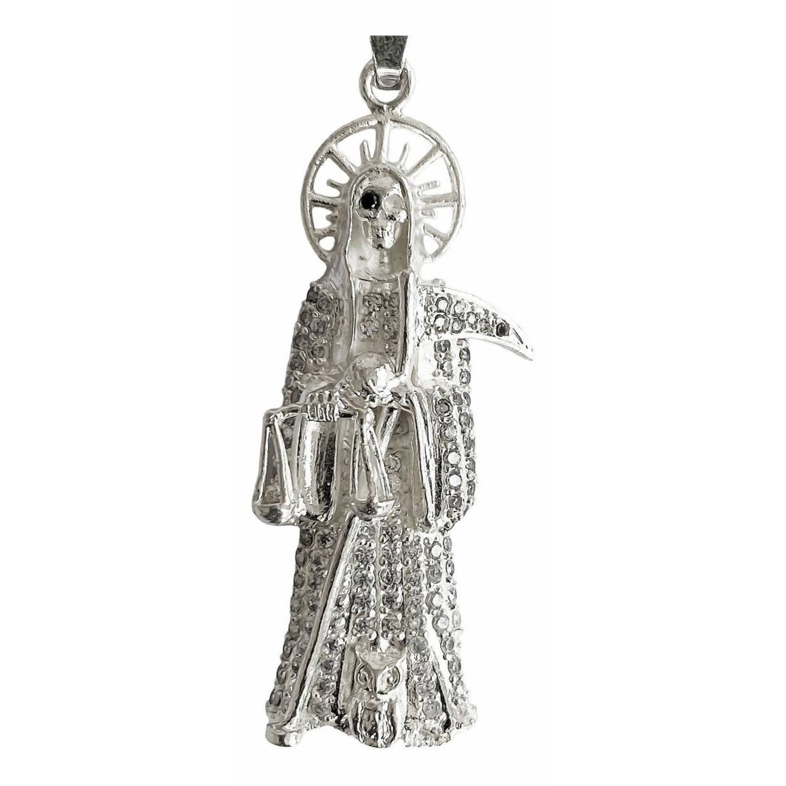 Medalla De La Santa Muerte Con Zirconias En Plata 925 Blanco ojo negro Alto/Ancho: 6.3 cm x 2.3 cm