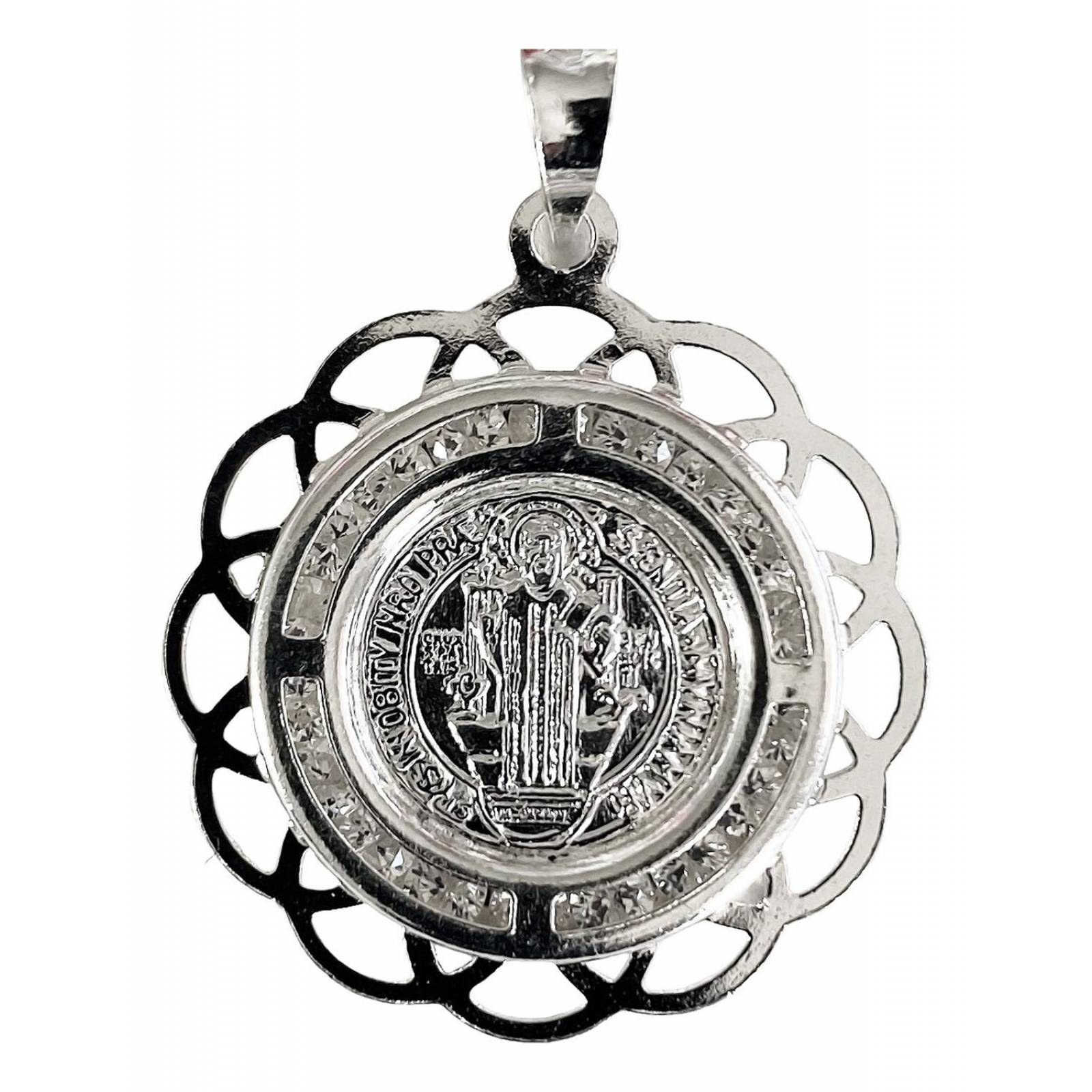 Dije Medalla San Benito Zirconias Corte Laser Plata Ley 925 Alto/Ancho: 3.1 cm x 2.4 cm Mod 2