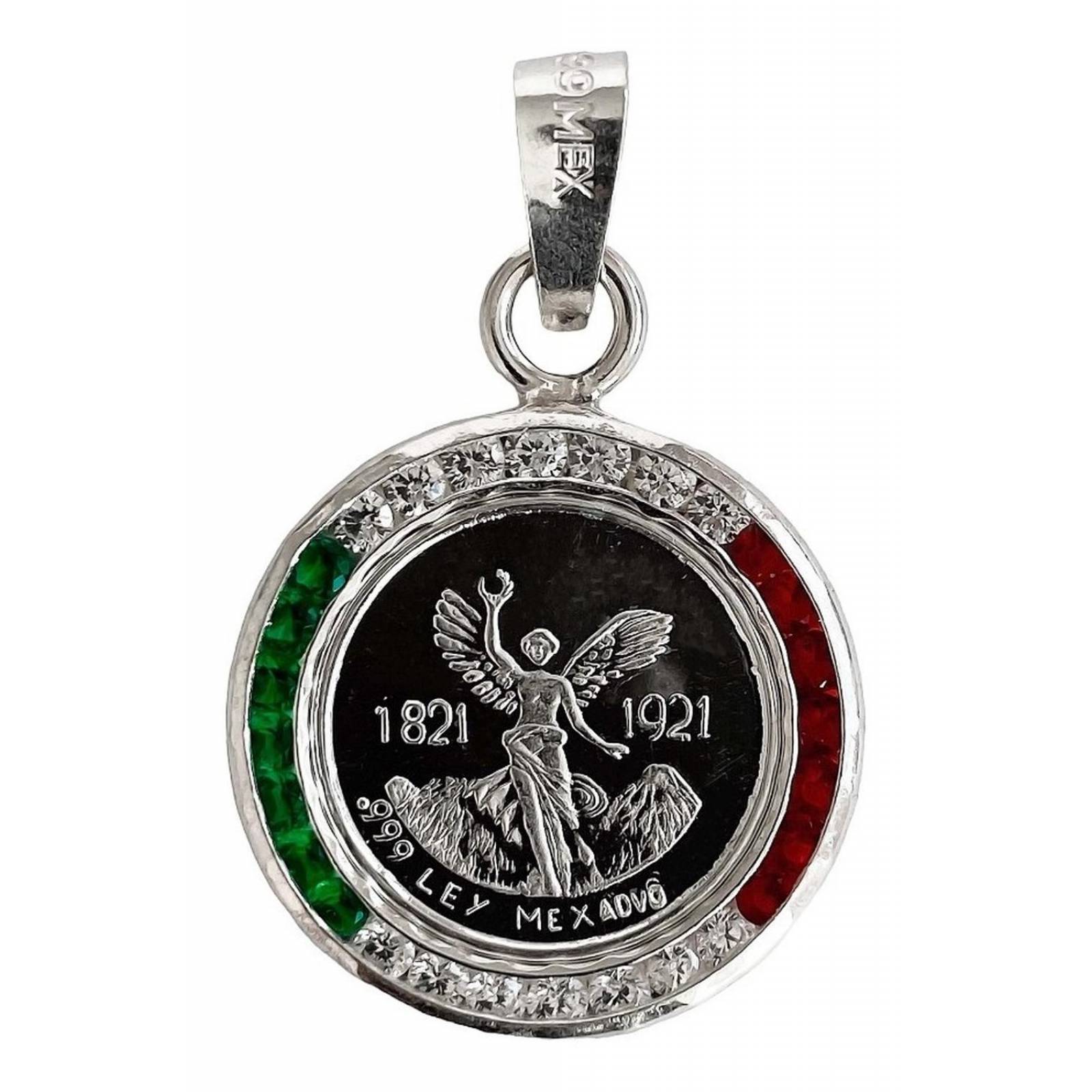 Dije Medalla Centenario México Zirconias Plata Pura Ley 999 Verde, blanco, rojo Alto/Ancho: 3.2 cm x 2 cm