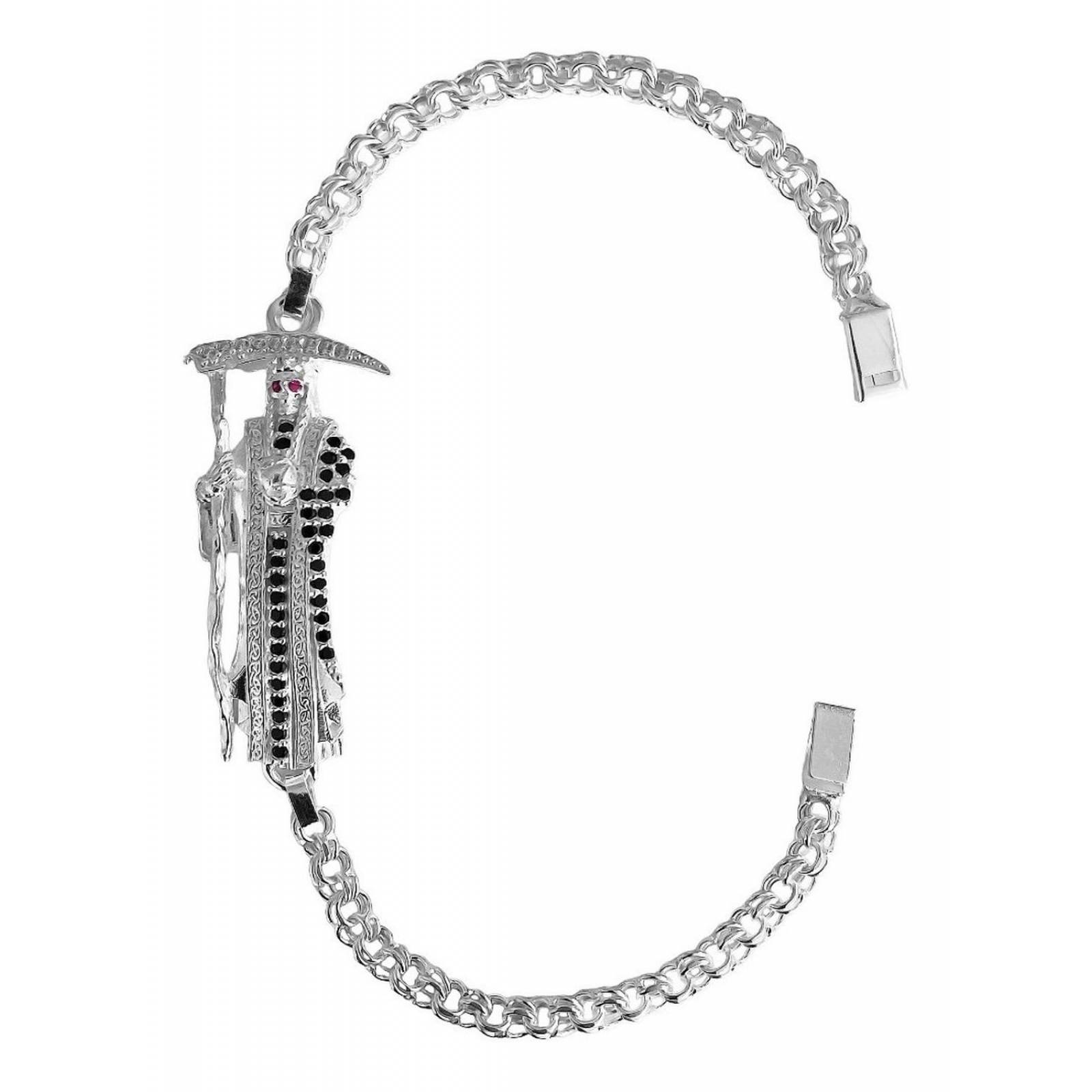 Pulsera Santa Muerte Esclava Zirconias Plata Solida Ley S925 Negro Largo/Ancho: 19.5 cm x 4 mm 6 cm - 19.5 cm