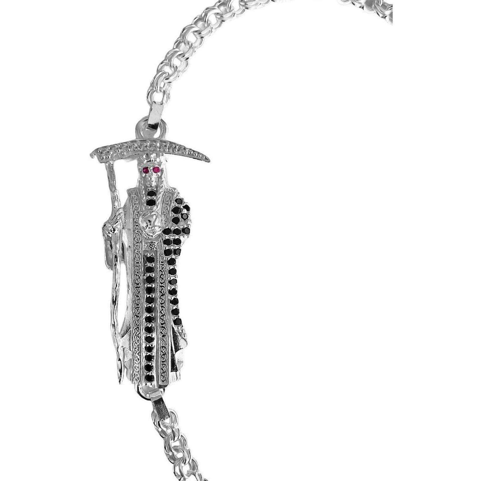 Pulsera Santa Muerte Esclava Zirconias Plata Solida Ley S925 Negro Largo/Ancho: 19.5 cm x 4 mm 6 cm - 19.5 cm