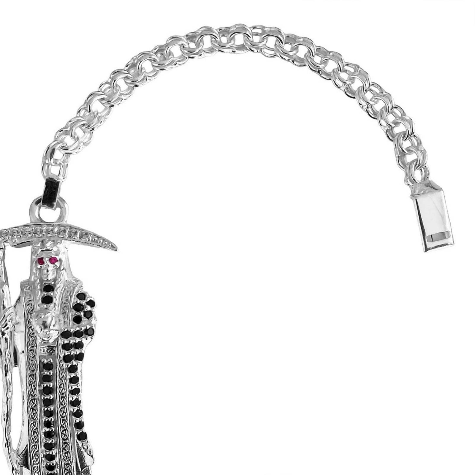 Pulsera Santa Muerte Esclava Zirconias Plata Solida Ley S925 Negro Largo/Ancho: 19.5 cm x 4 mm 6 cm - 19.5 cm