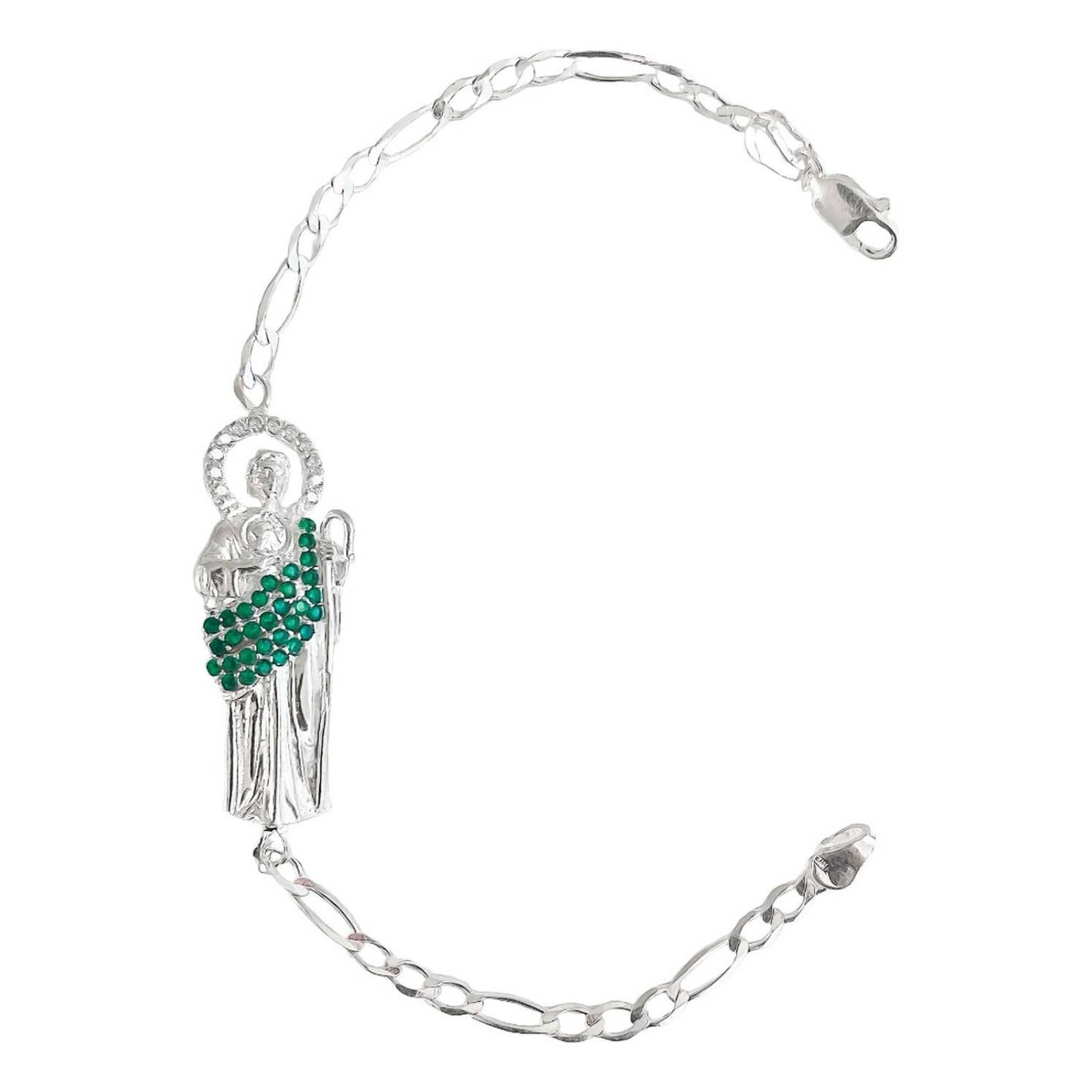 Pulsera Esclava Figaro San Judas Tadeo Plata Solida Ley 925 6 cm - 18.5 cm Largo/Ancho: 18.5 cm x 3 mm Verde