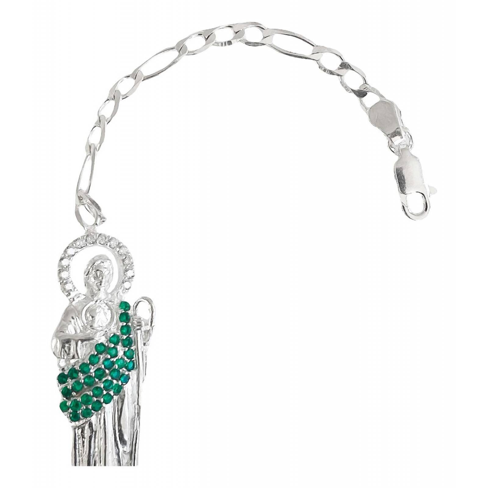 Pulsera Esclava Figaro San Judas Tadeo Plata Solida Ley 925 6 cm - 18.5 cm Largo/Ancho: 18.5 cm x 3 mm Verde