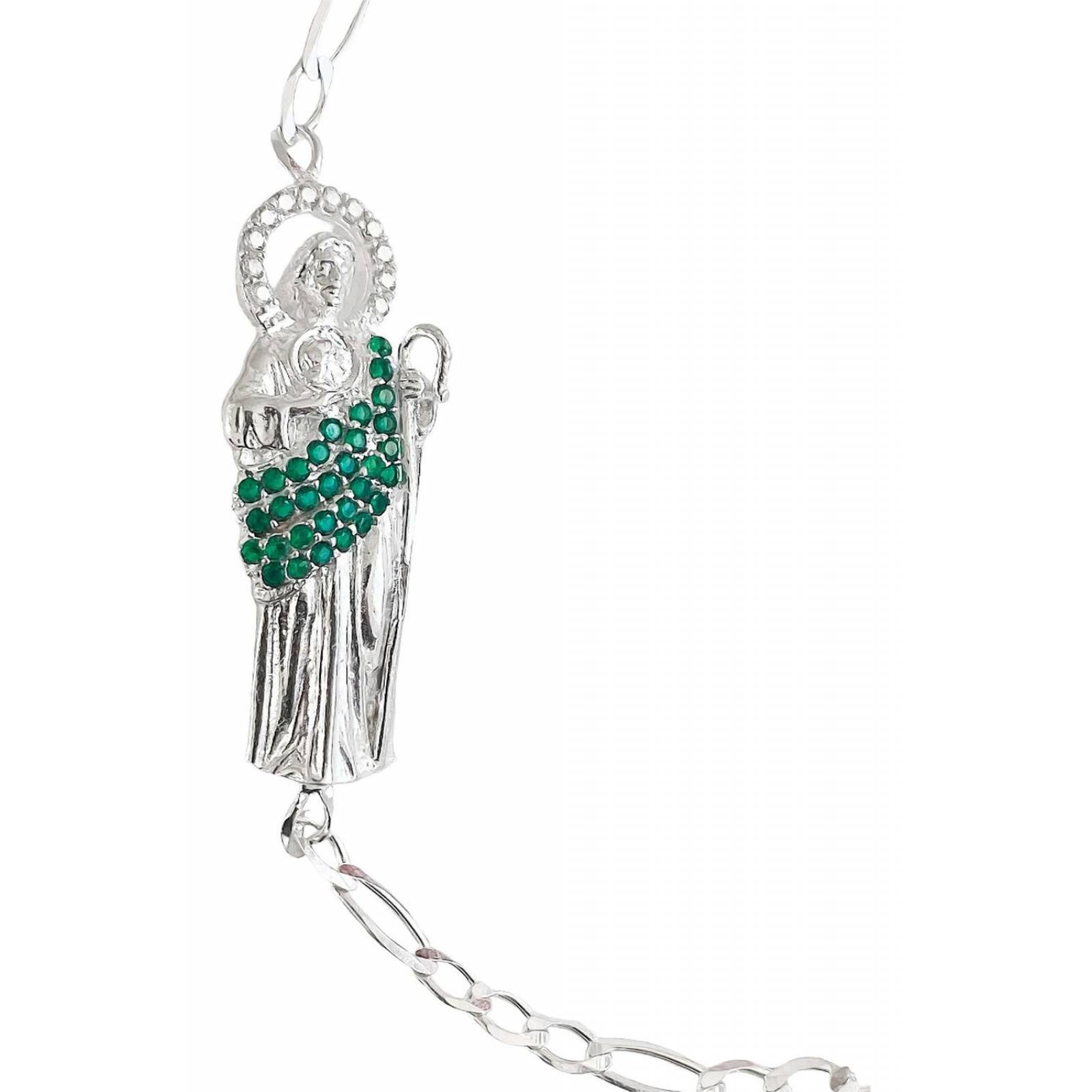 Pulsera Esclava Figaro San Judas Tadeo Plata Solida Ley 925 6 cm - 18.5 cm Largo/Ancho: 18.5 cm x 3 mm Verde