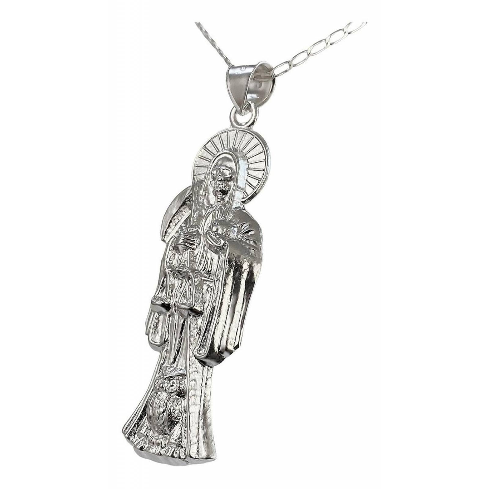Collar Medalla Gigante Santa Muerte Hueco Plano En Plata 925 