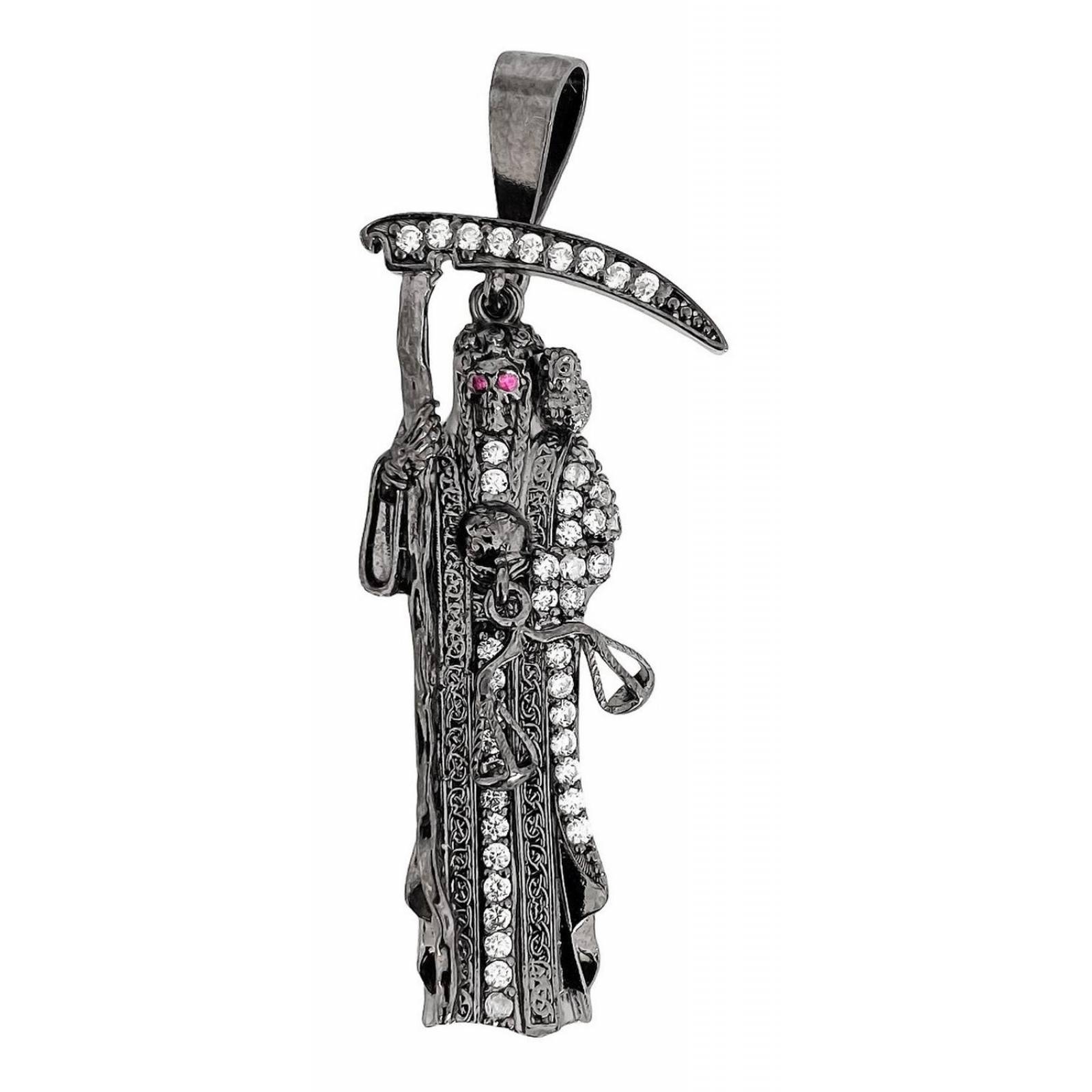 Dije Medalla Mediana Santa Muerte Con Zirconias En Plata 925 Negro Alto/Ancho: 5.9 cm x 2.2 cm