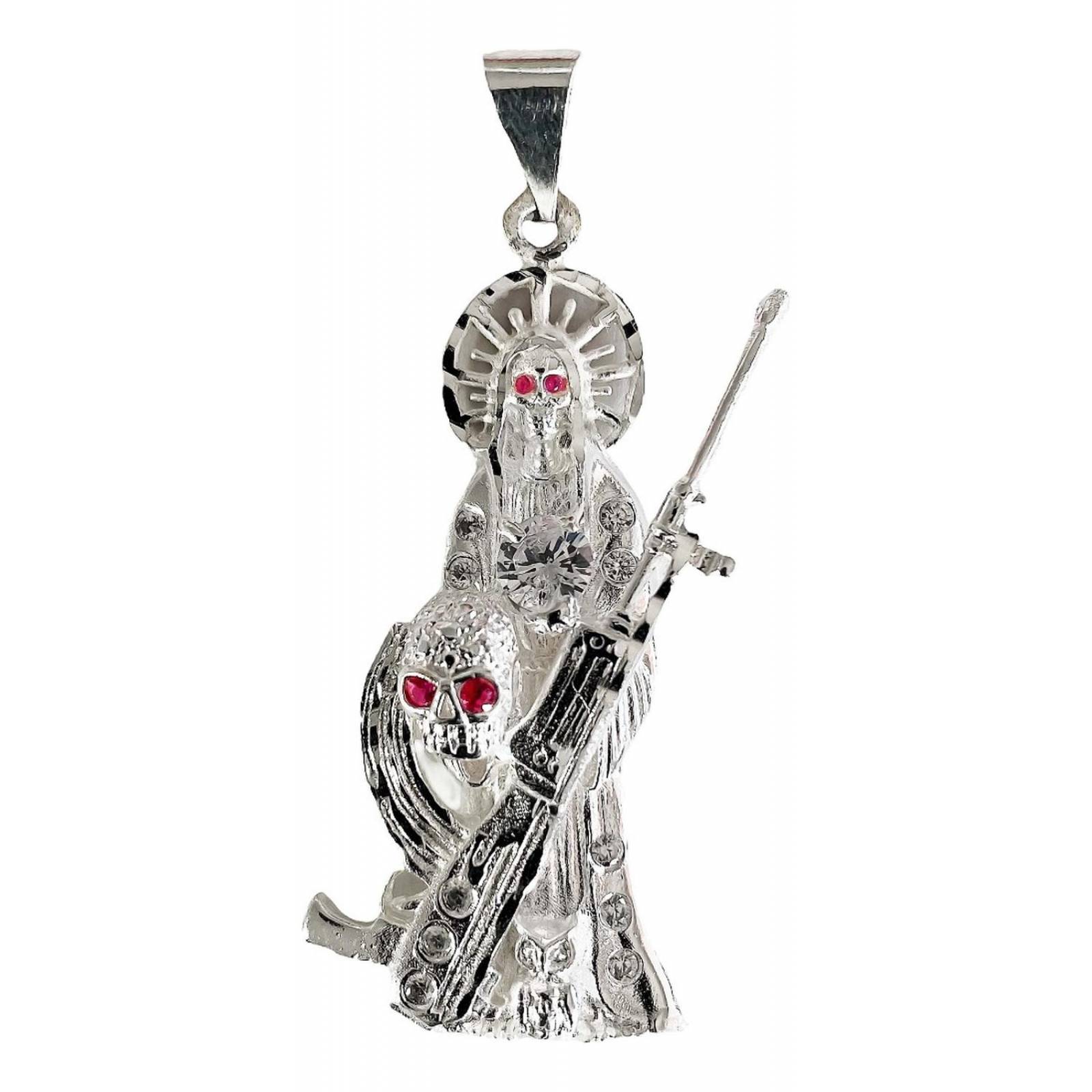 Dije Santa Muerte Rifle Calavera Zirconias Plata Ley 925 Rosa Alto/Ancho: 6 cm x 2.5 cm