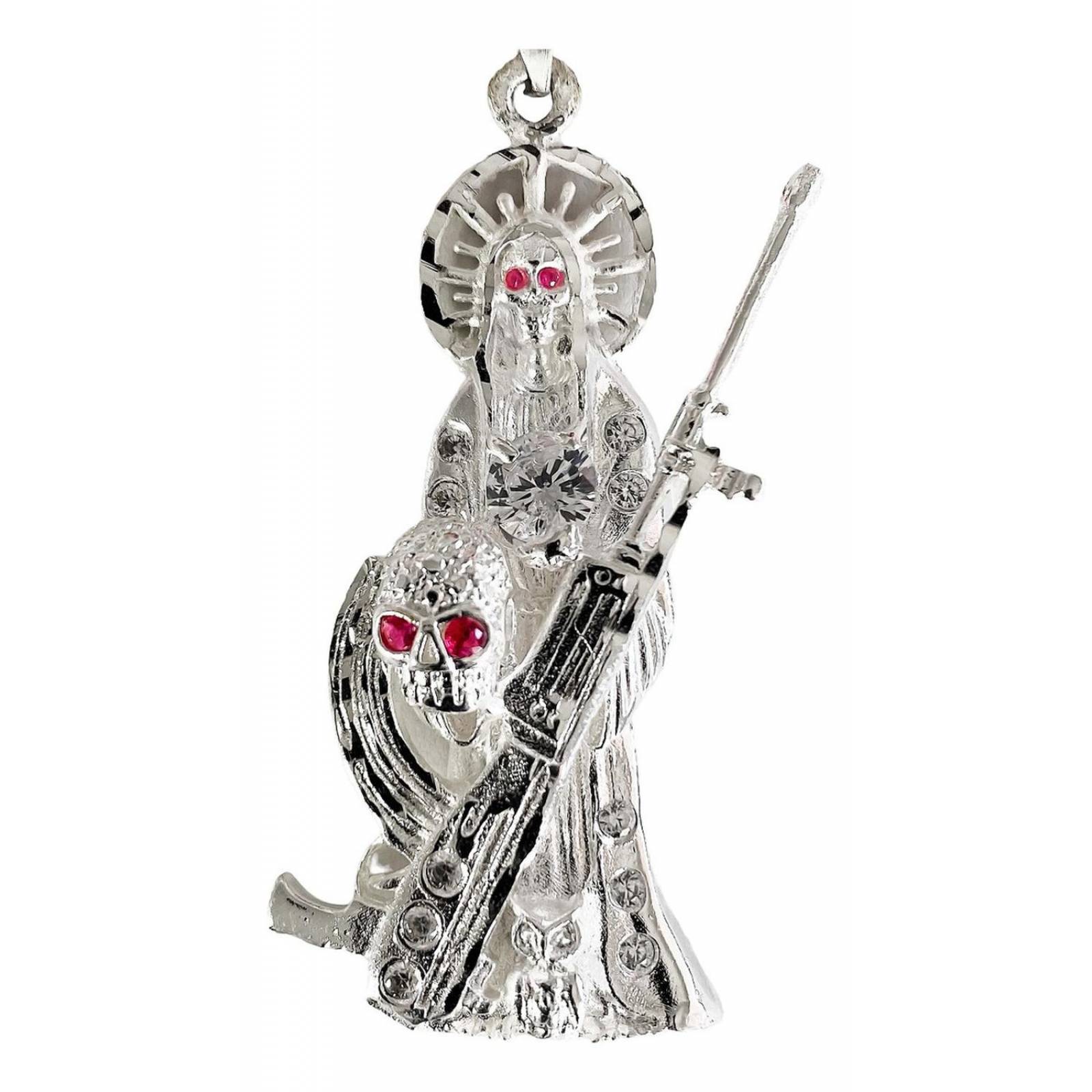 Dije Santa Muerte Rifle Calavera Zirconias Plata Ley 925 Rosa Alto/Ancho: 6 cm x 2.5 cm