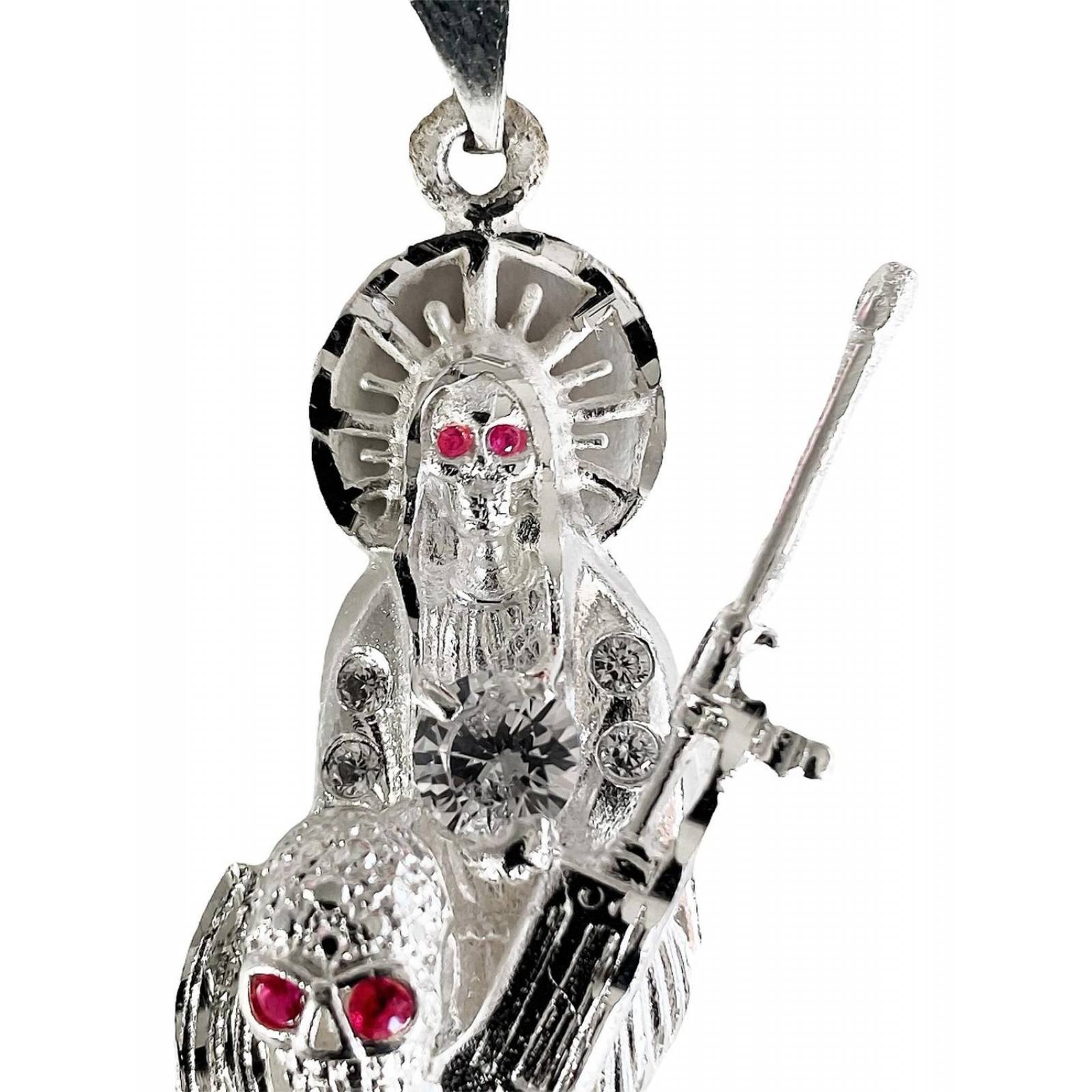 Dije Santa Muerte Rifle Calavera Zirconias Plata Ley 925 Rosa Alto/Ancho: 6 cm x 2.5 cm