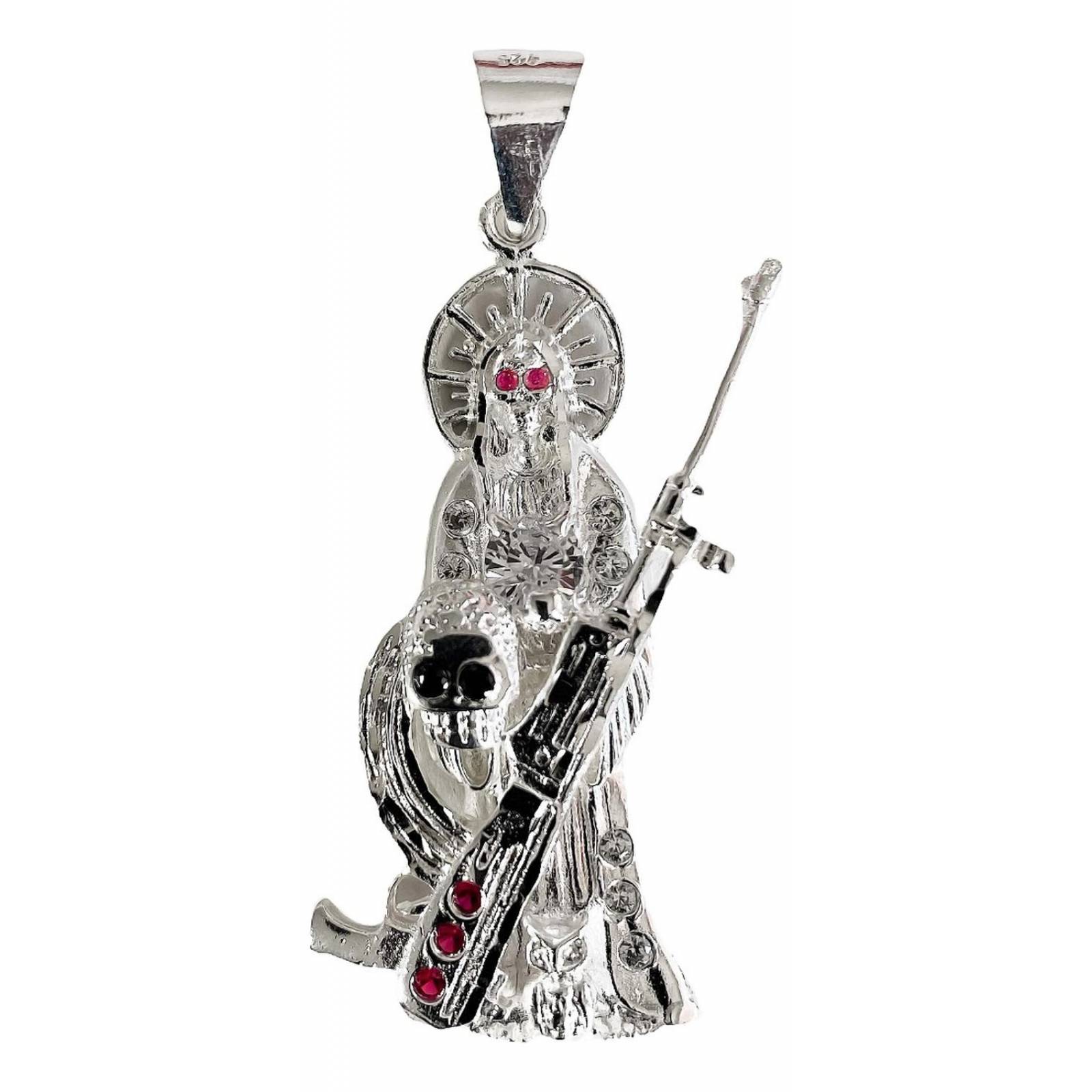 Dije Santa Muerte Rifle Calavera Zirconias Plata Ley 925 Negro Alto/Ancho: 6 cm x 2.5 cm