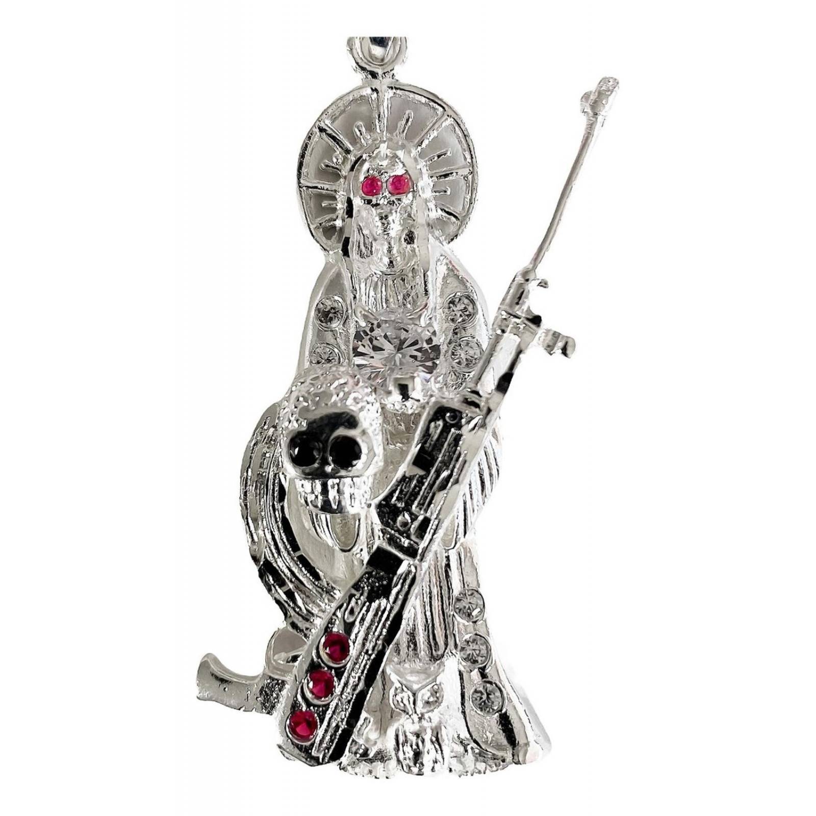 Dije Santa Muerte Rifle Calavera Zirconias Plata Ley 925 Negro Alto/Ancho: 6 cm x 2.5 cm