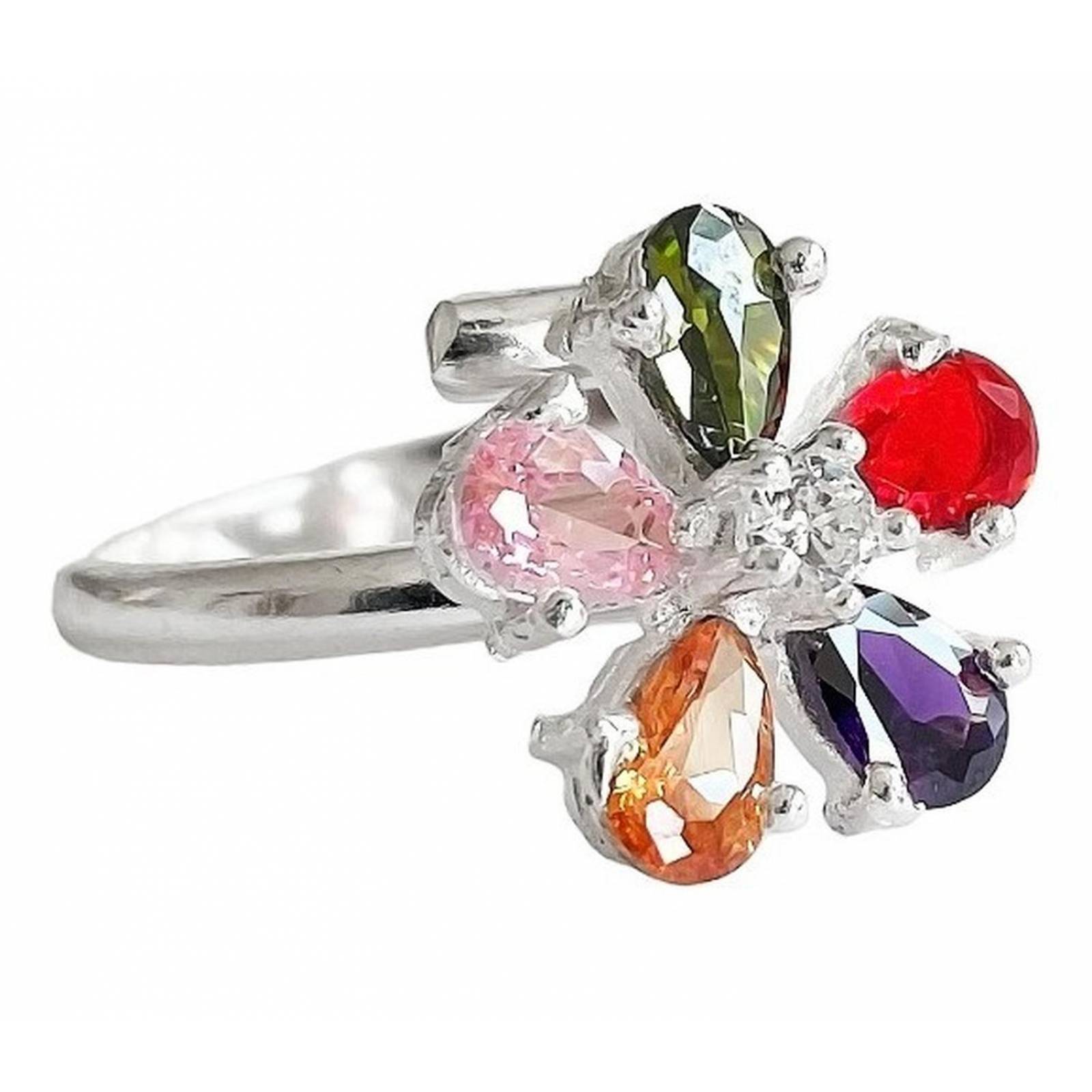 Anillo Flor 5 Pétalos Con Zirconias De Colores De Plata .925 
