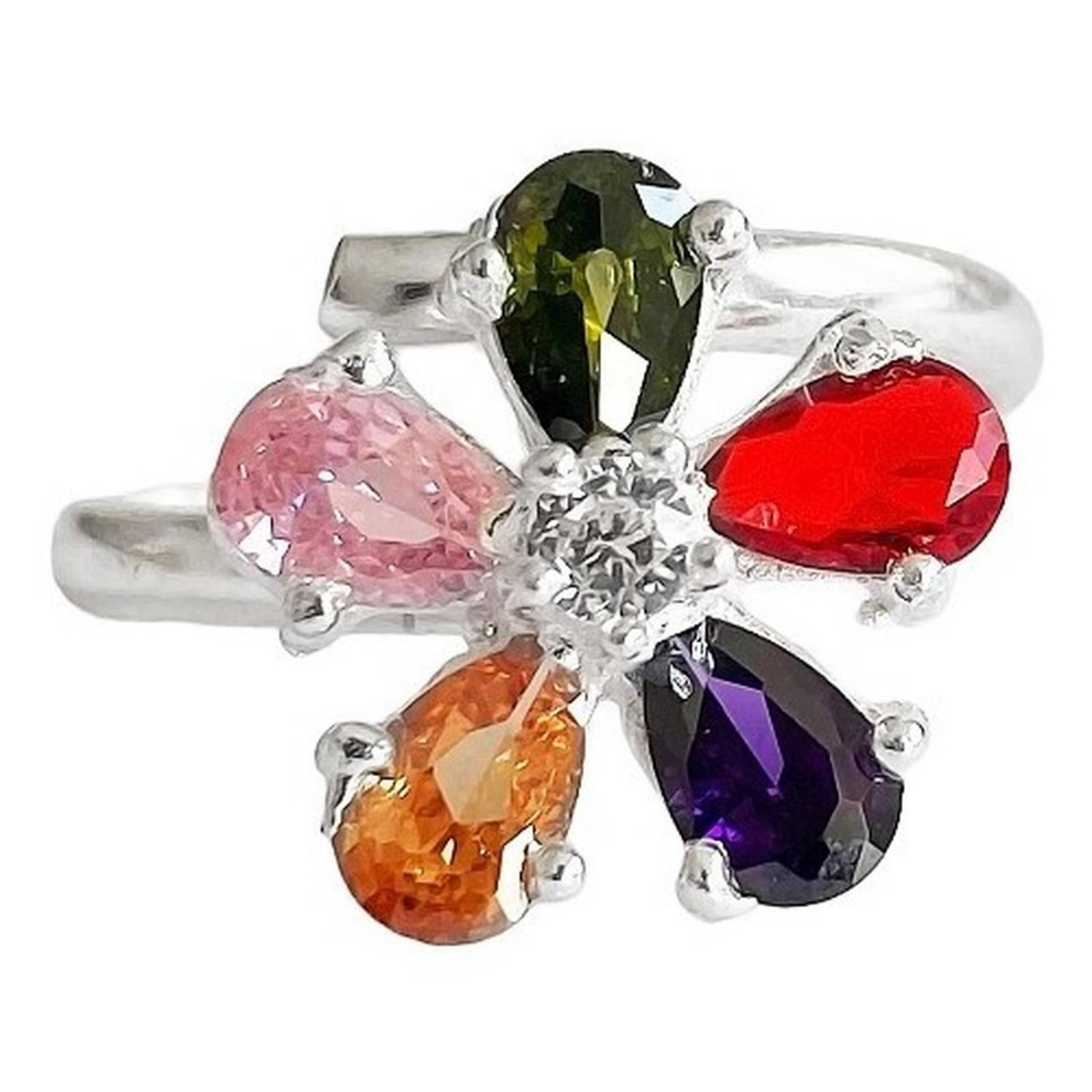 Anillo Flor 5 Pétalos Con Zirconias De Colores De Plata .925 