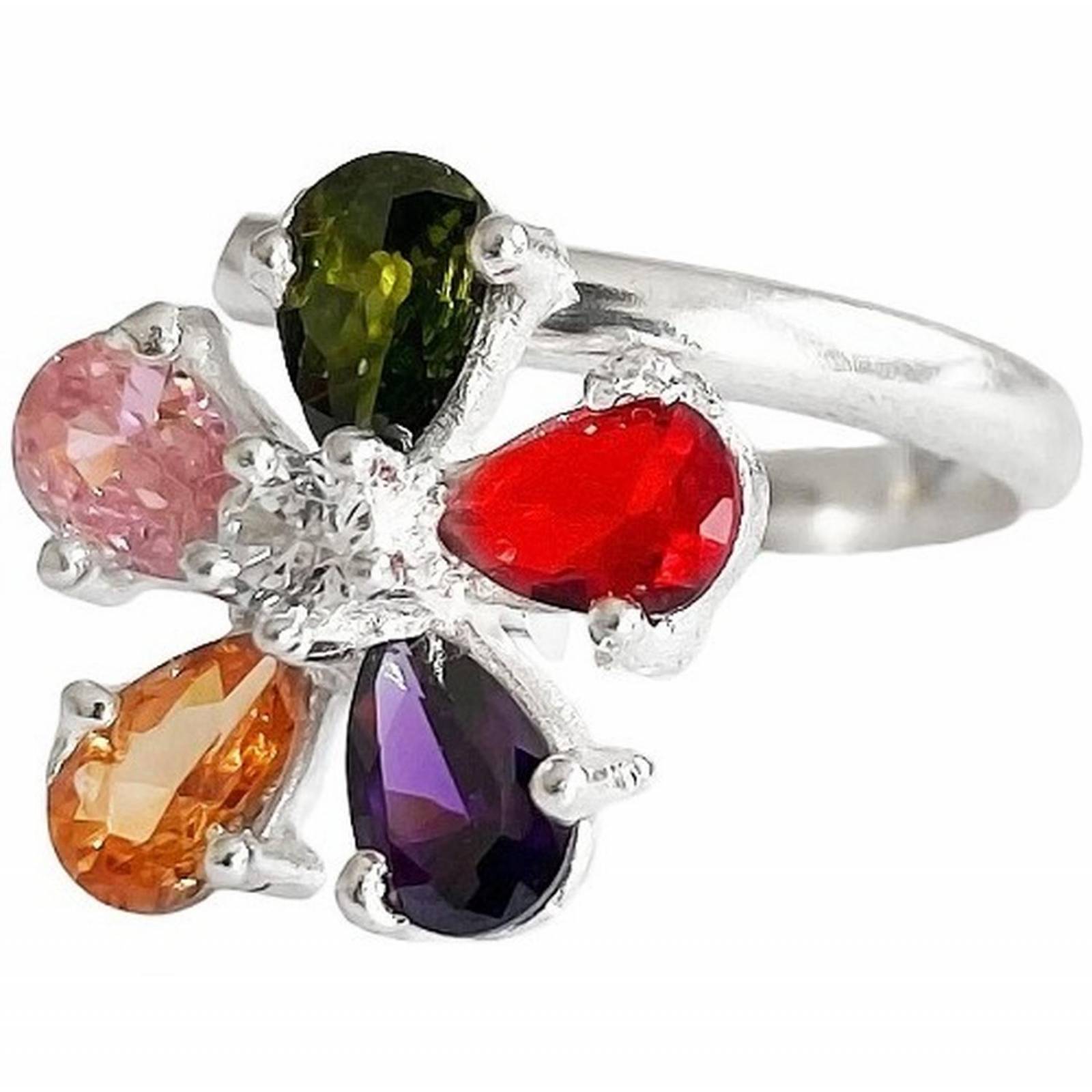 Anillo Flor 5 Pétalos Con Zirconias De Colores De Plata .925 