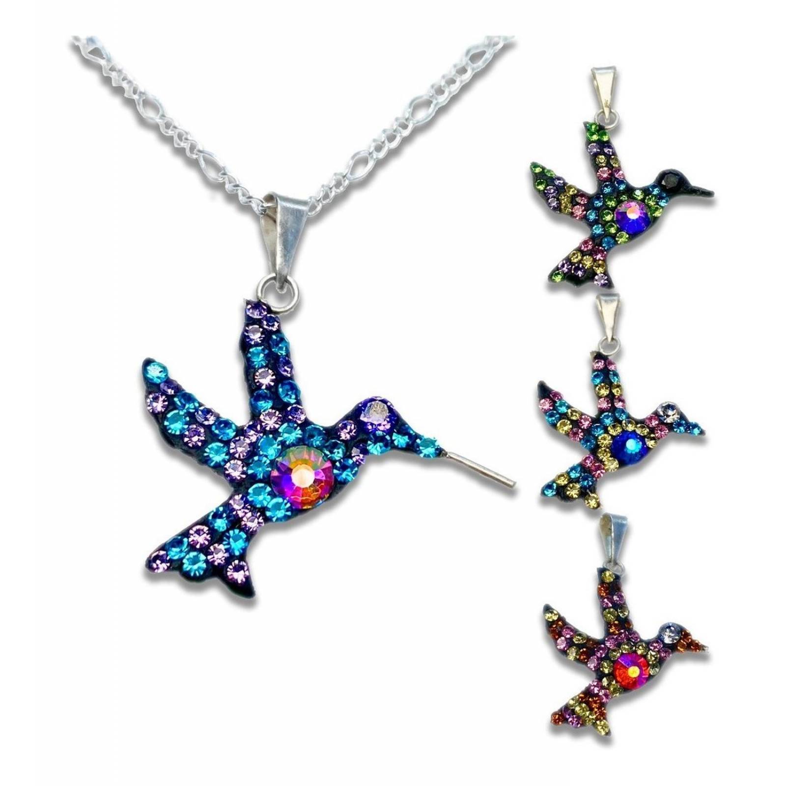 Dijes Colibrí Zirconias Plata Solida 925 + Cadena Plata 925 Azul Morado Alto/Ancho: 3.5 cm x 2.5 cm