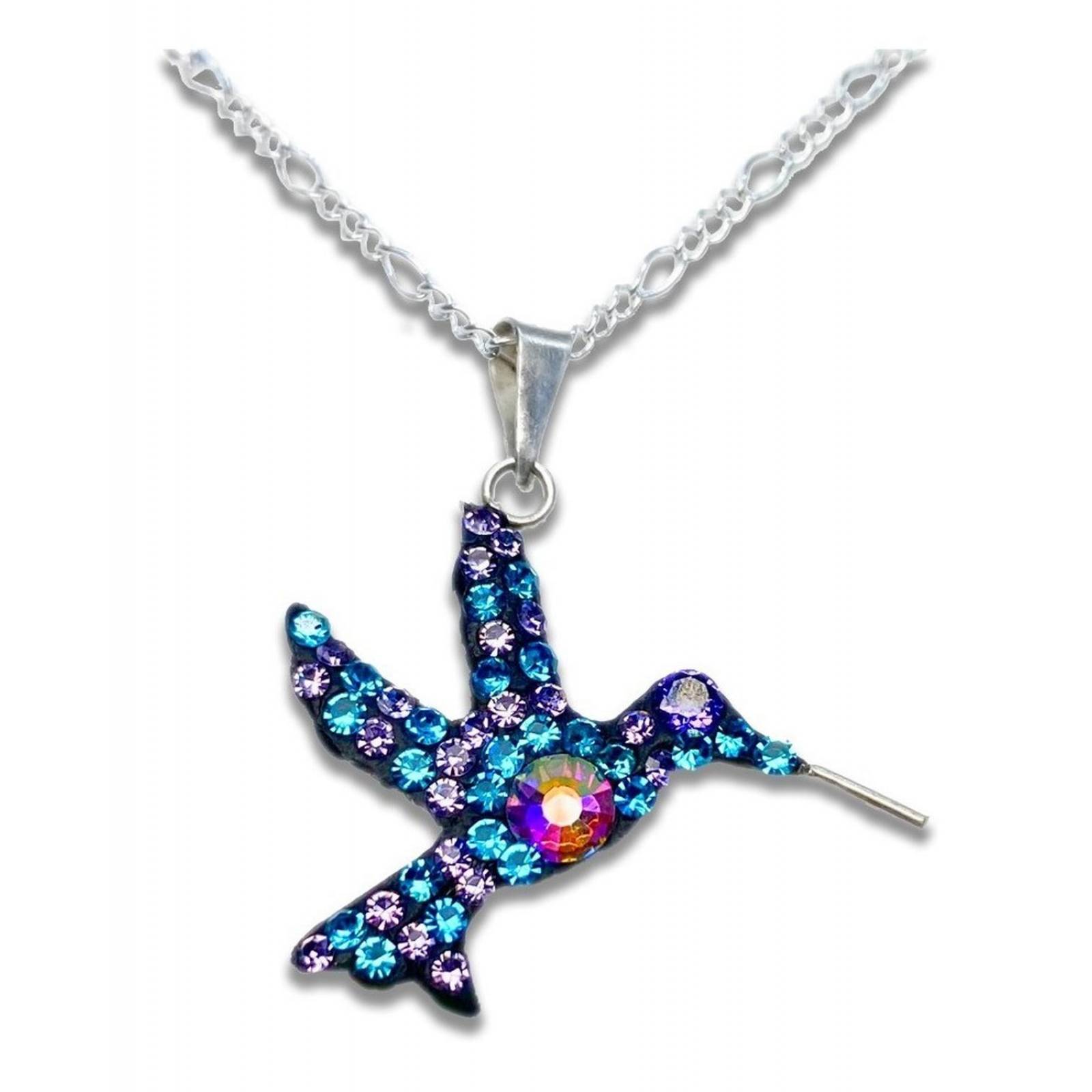 Dijes Colibrí Zirconias Plata Solida 925 + Cadena Plata 925 Azul Morado Alto/Ancho: 3.5 cm x 2.5 cm