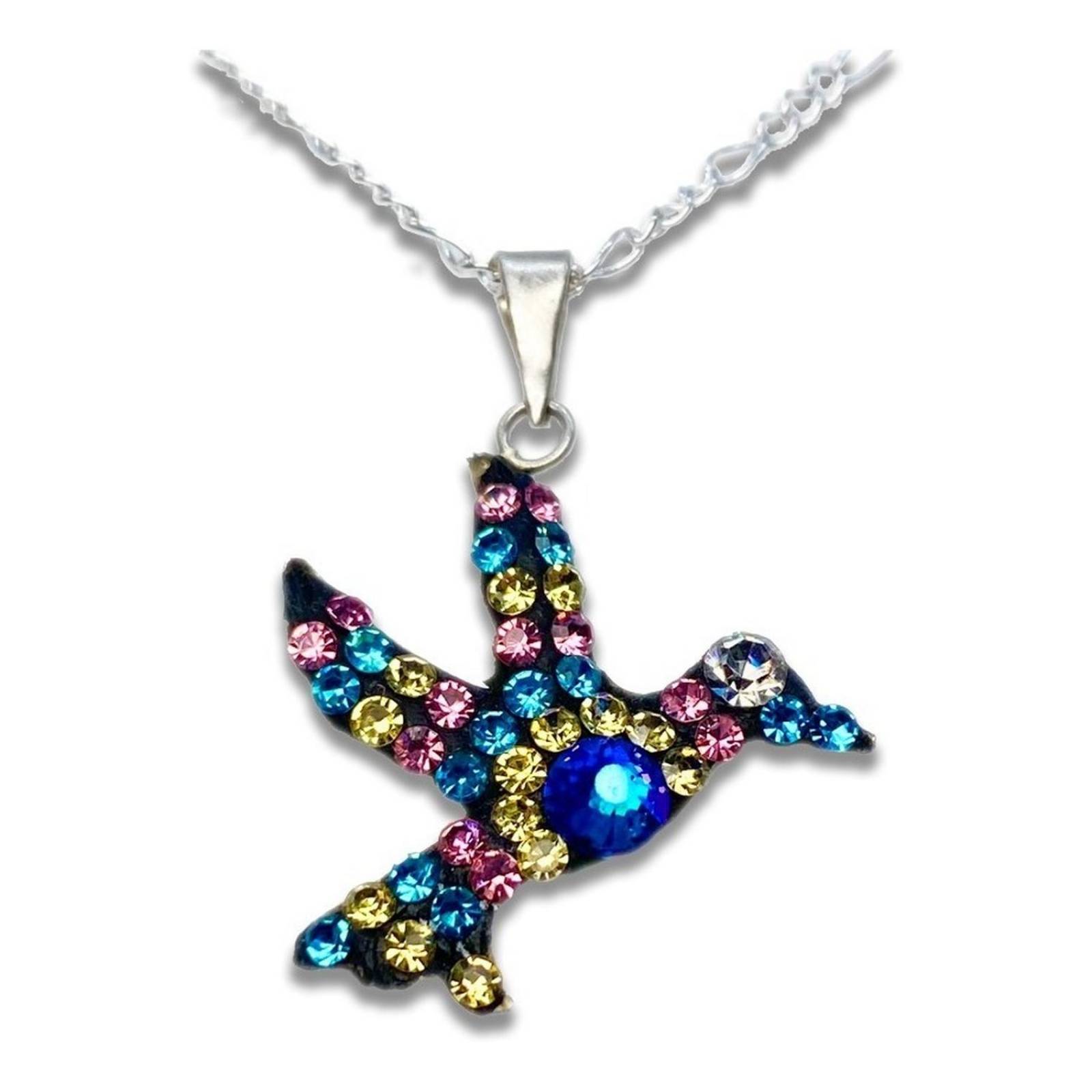 Dijes Colibrí Zirconias Plata Solida 925 + Cadena Plata 925 Alto/Ancho: 3.5 cm x 2.5 cm Amarillo Azul