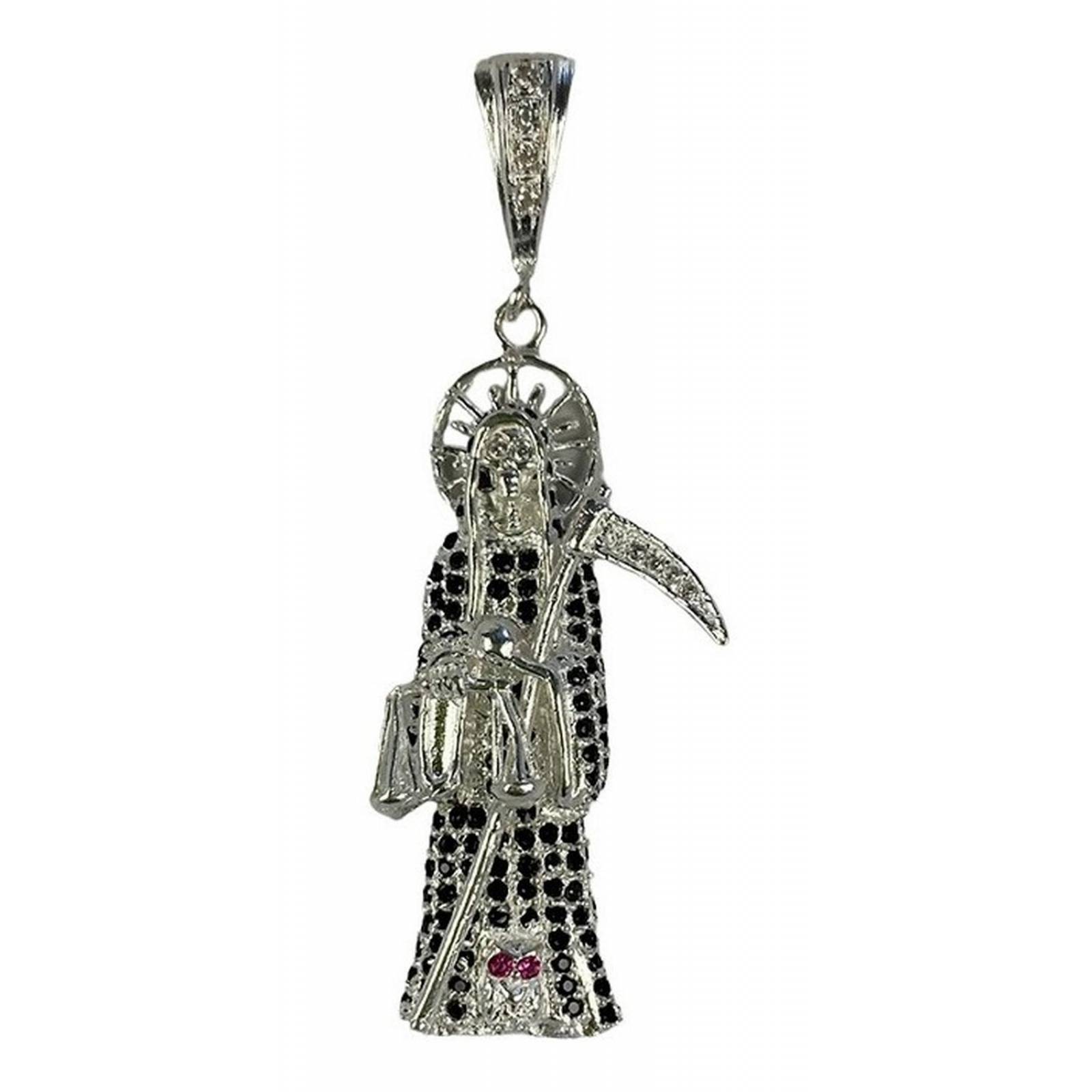 Medalla Santa Muerte Con Zirconias En Plata 925 + Cadena Alto/Ancho: 6.4 cm x 2.3 cm Plateado